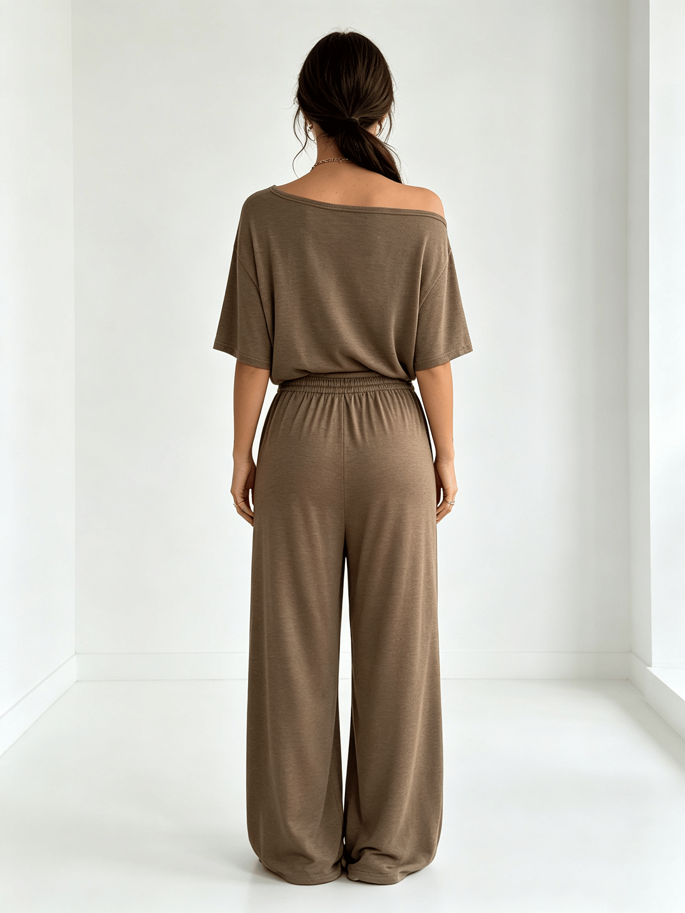 Coffee Brown Off-Shoulder Short Sleeve Loose Top and Wide Leg Pants
