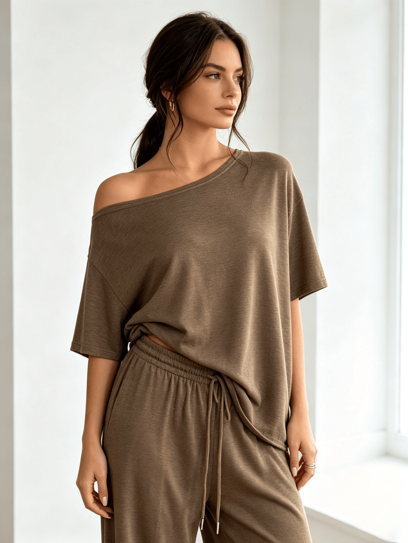 Coffee Brown Off-Shoulder Short Sleeve Loose Top and Wide Leg Pants