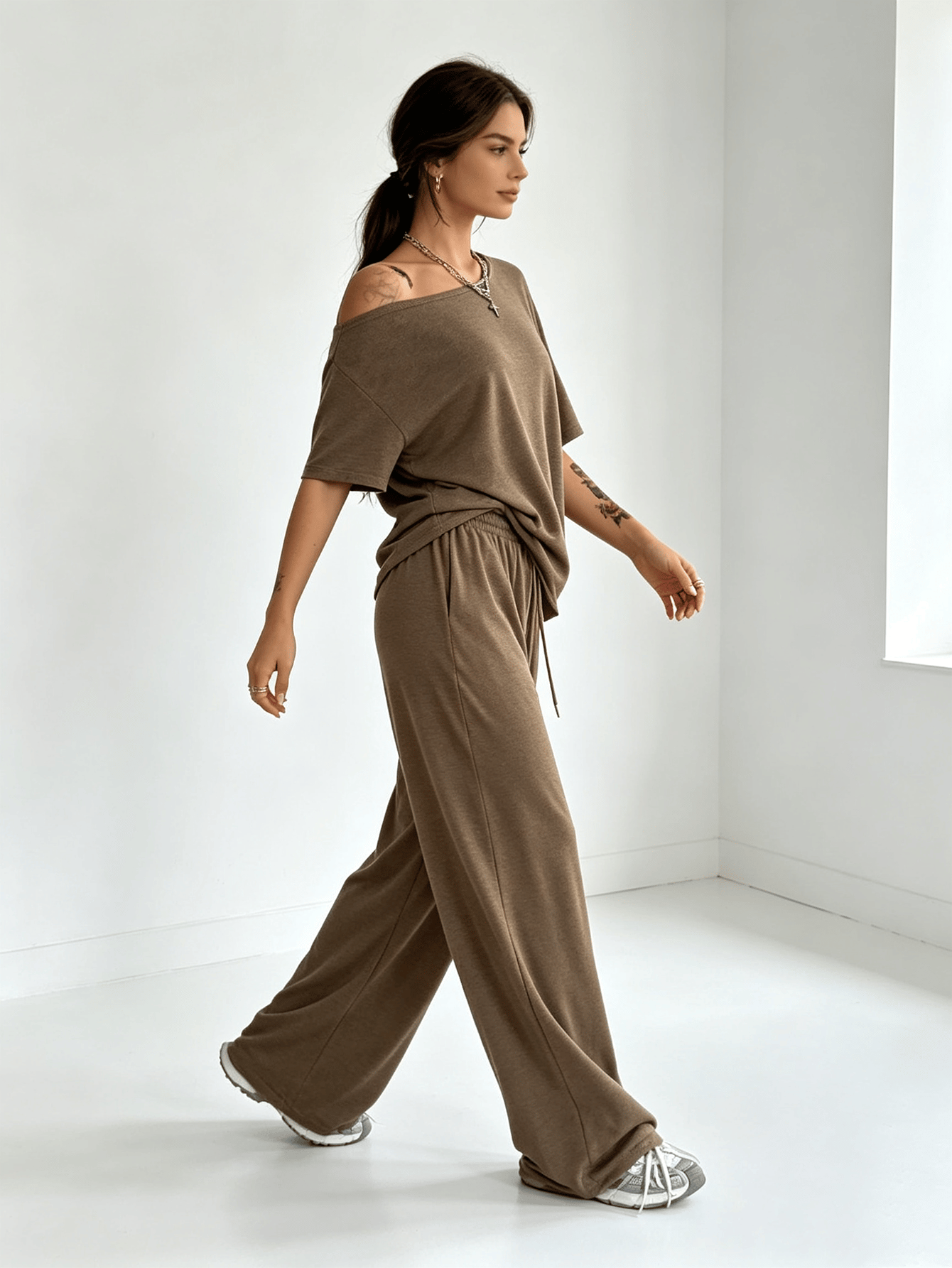 Coffee Brown Off-Shoulder Short Sleeve Loose Top and Wide Leg Pants