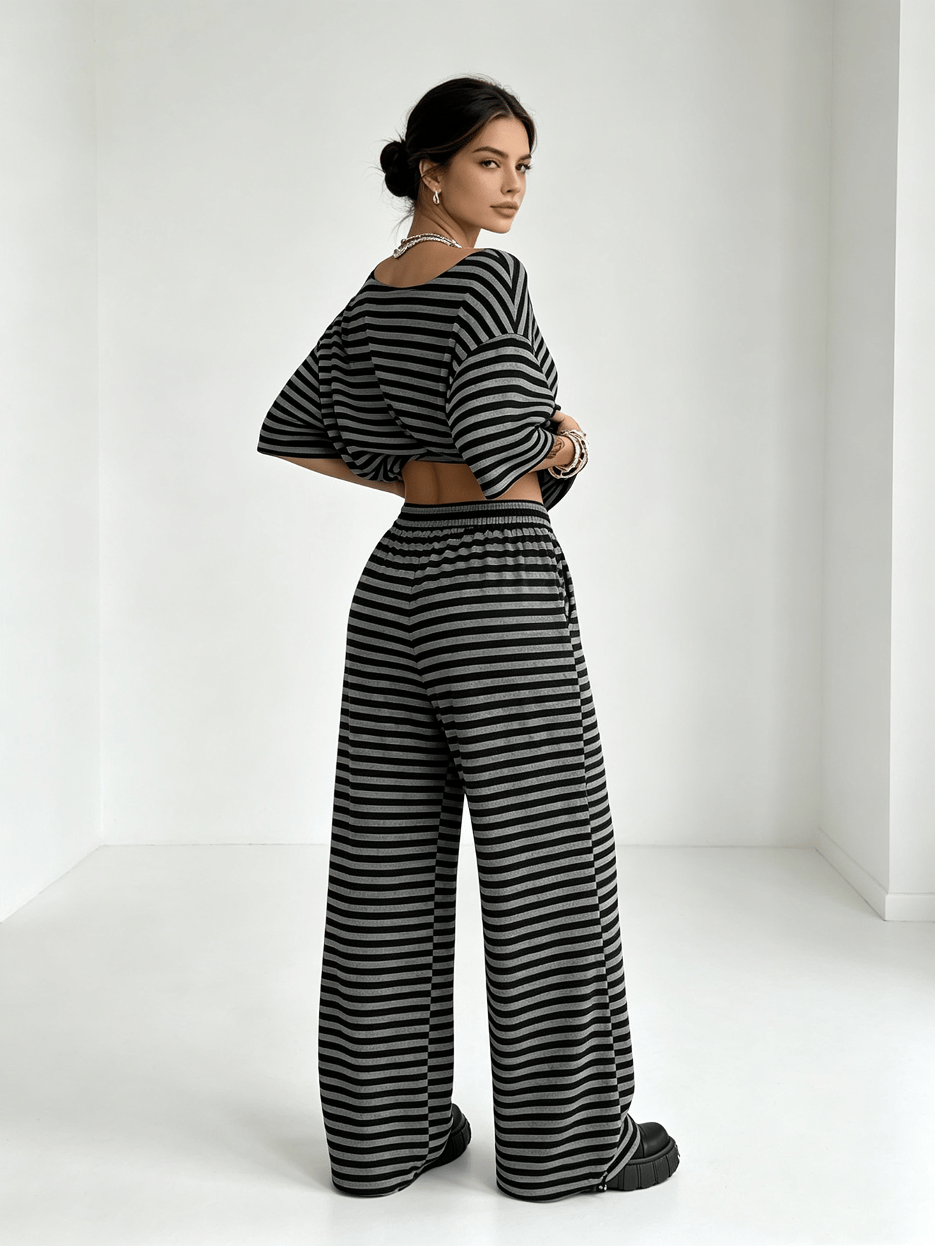 Black Gray Striped Off-Shoulder Short Sleeve Loose Top and Wide Leg Pants