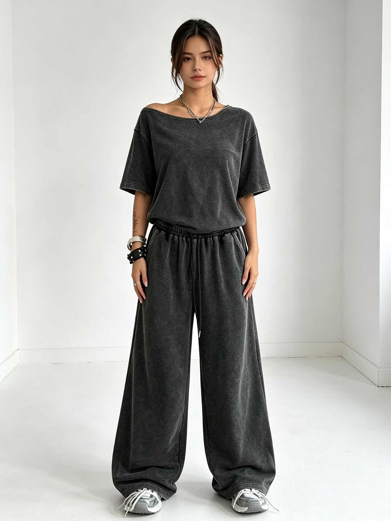 Black Acid Wash Asymmetric Neck Top and Wide Leg Pants Co-ord Set