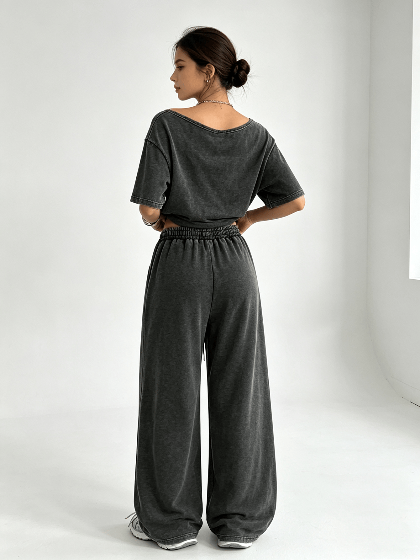 Black Acid Wash Asymmetric Neck Top and Wide Leg Pants Co-ord Set