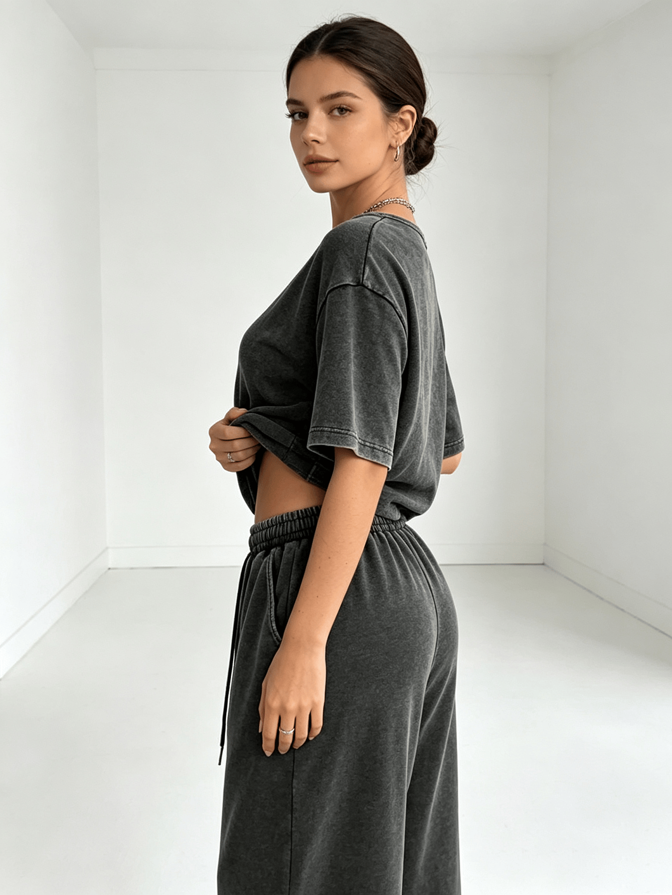 Black Acid Wash Asymmetric Neck Top and Wide Leg Pants Co-ord Set