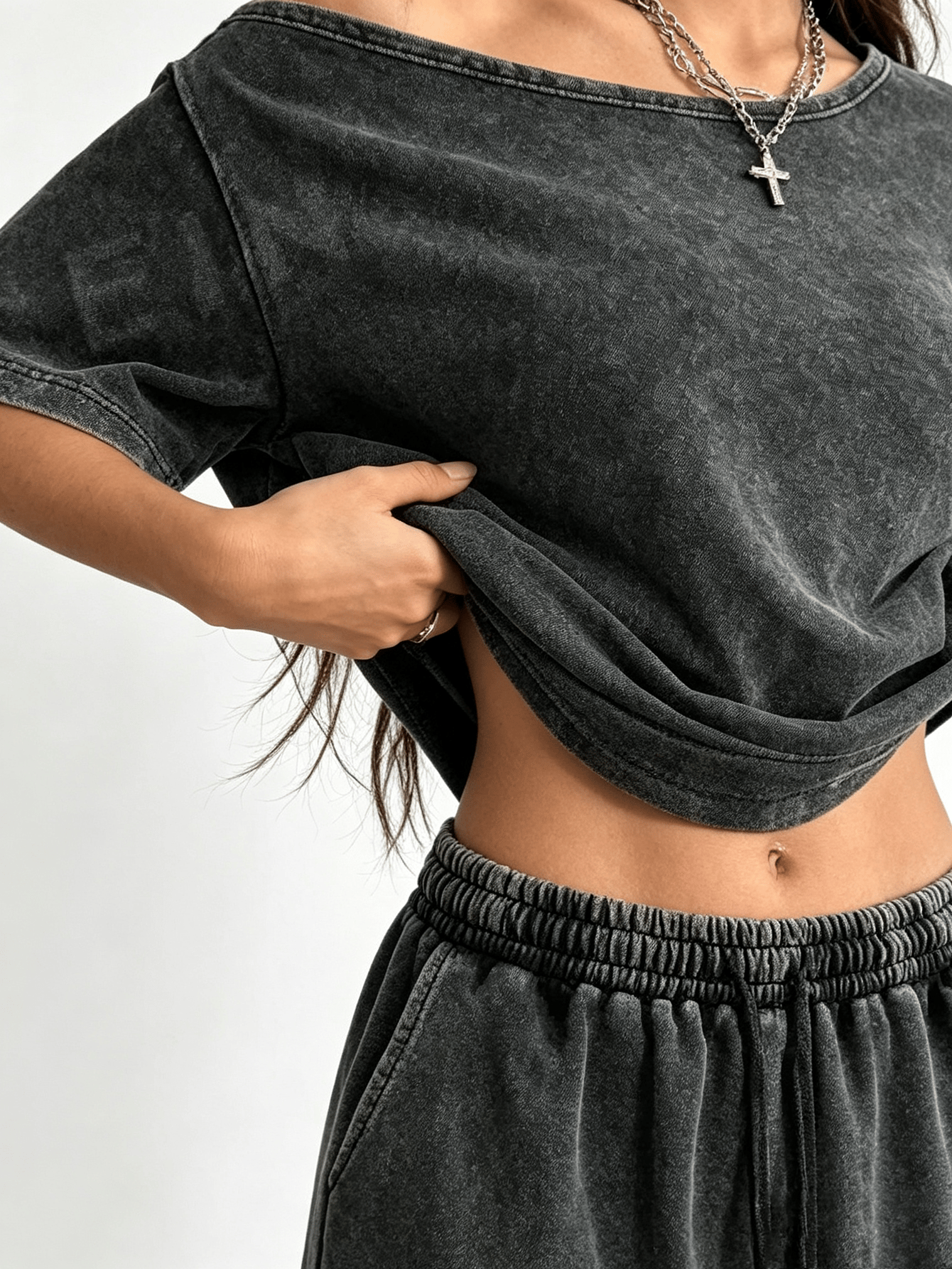Black Acid Wash Asymmetric Neck Top and Wide Leg Pants Co-ord Set