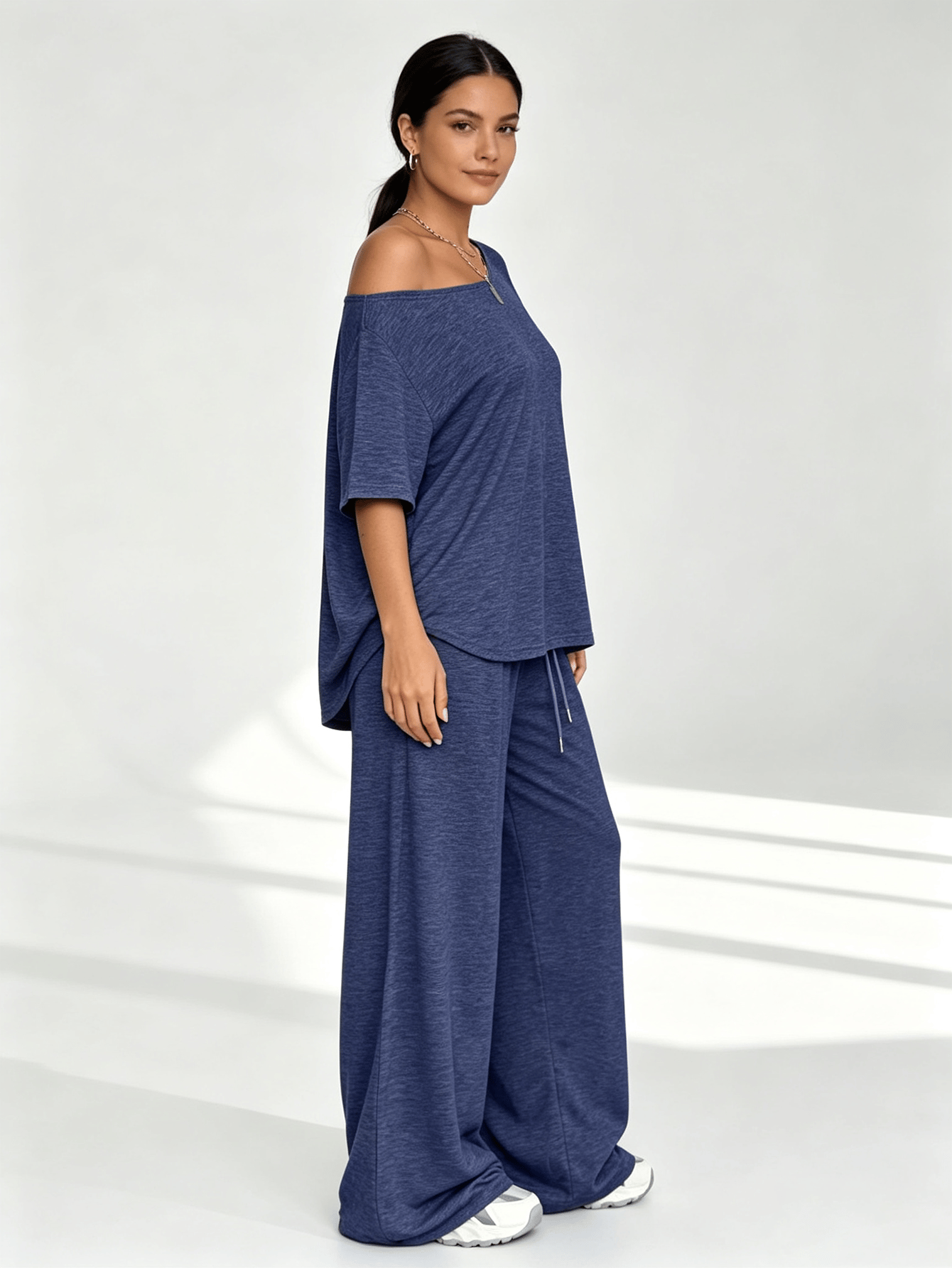 Dark Blue Off-Shoulder Top and Wide Leg Pants Co-ord Set