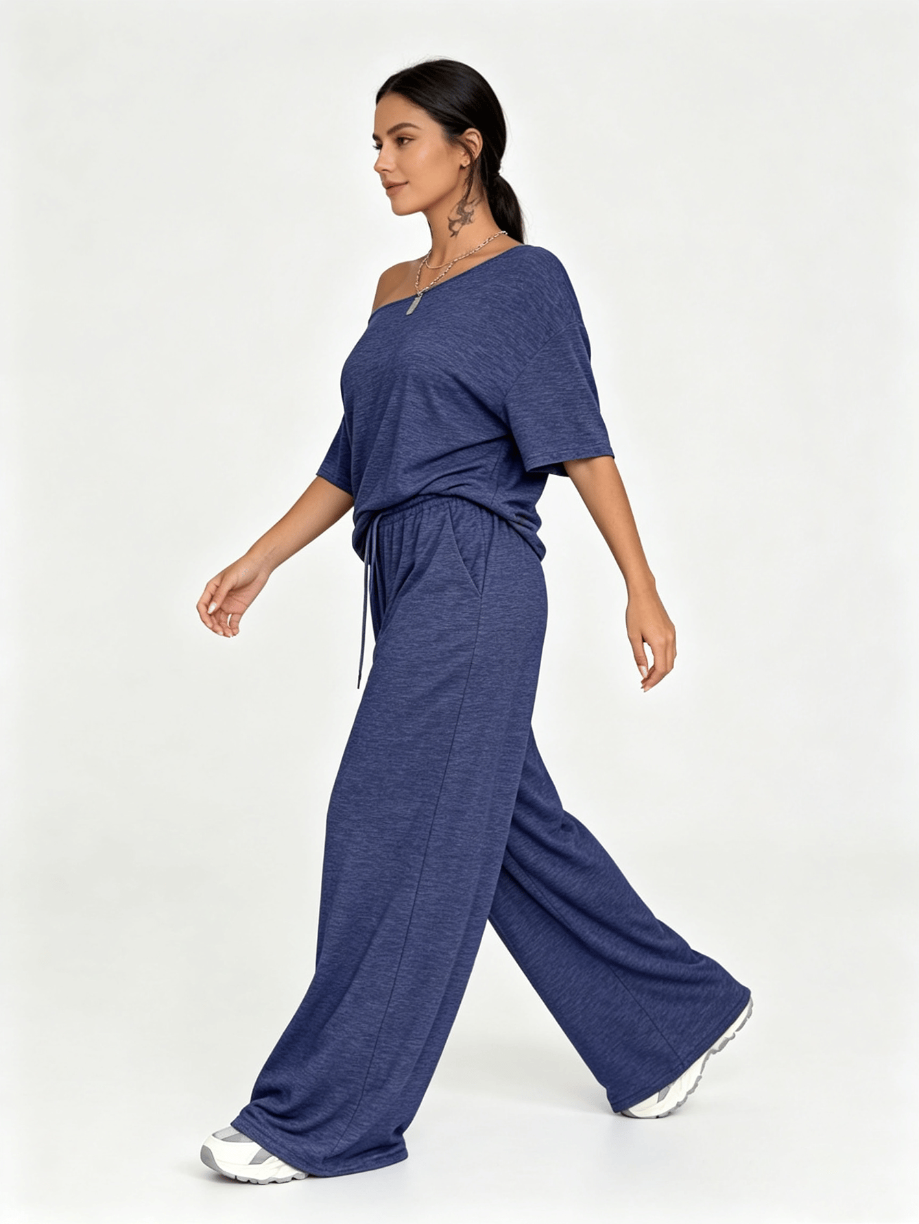 Dark Blue Off-Shoulder Top and Wide Leg Pants Co-ord Set