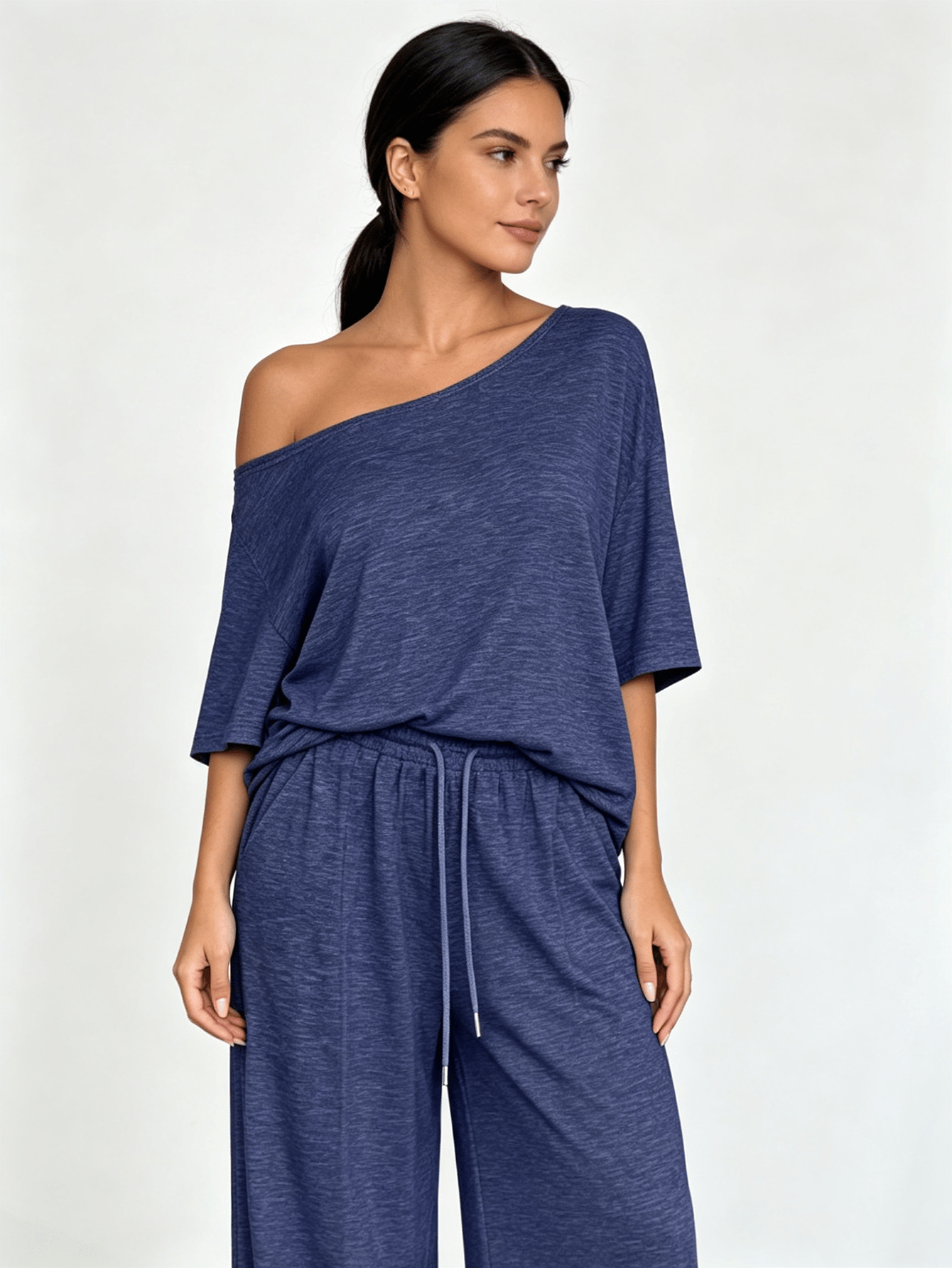 Dark Blue Off-Shoulder Top and Wide Leg Pants Co-ord Set