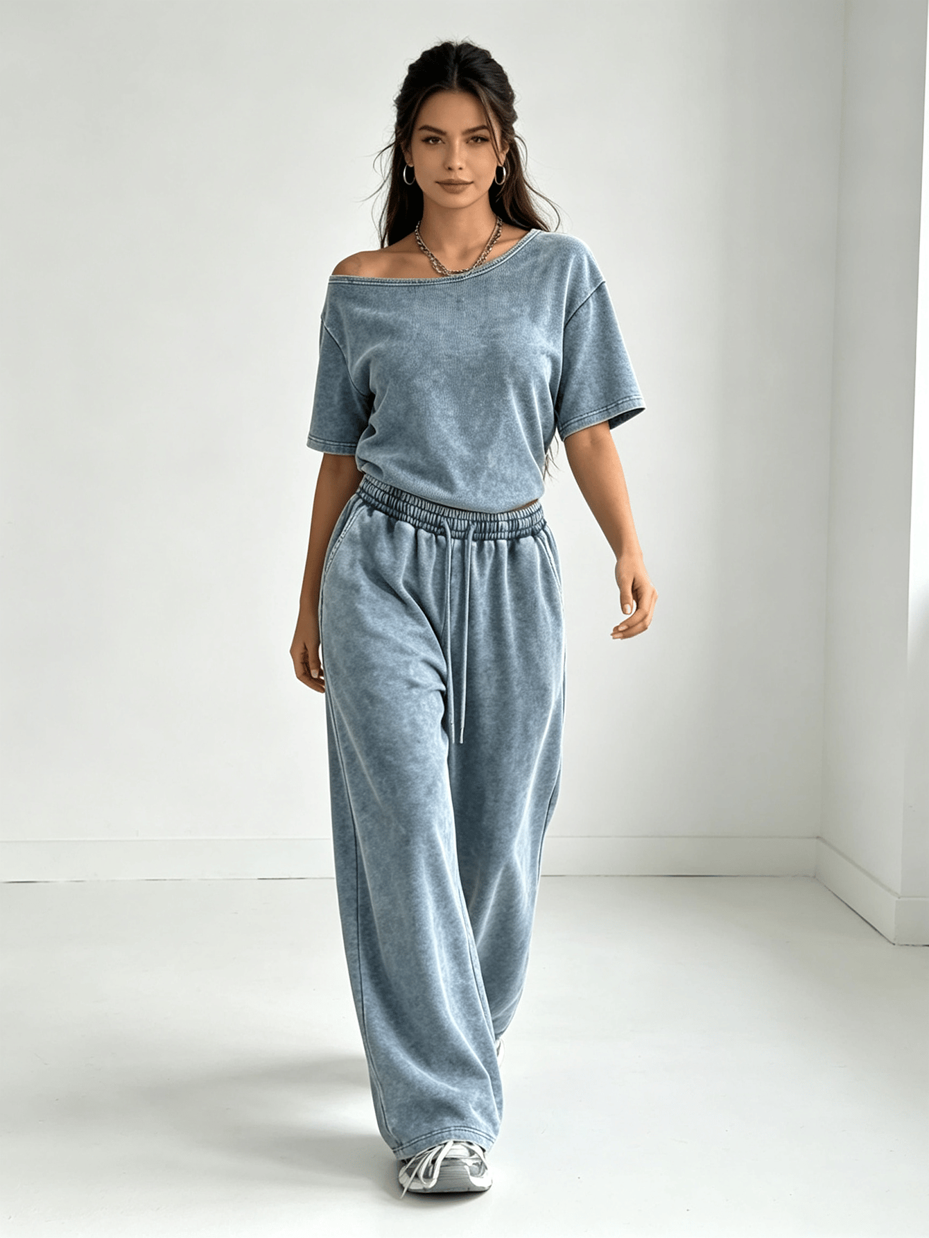 Washed Vintage Slant Neck Short Sleeve Top and Wide Leg Pant Set