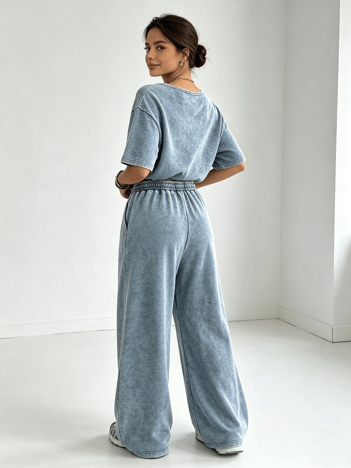 Washed Vintage Slant Neck Short Sleeve Top and Wide Leg Pant Set