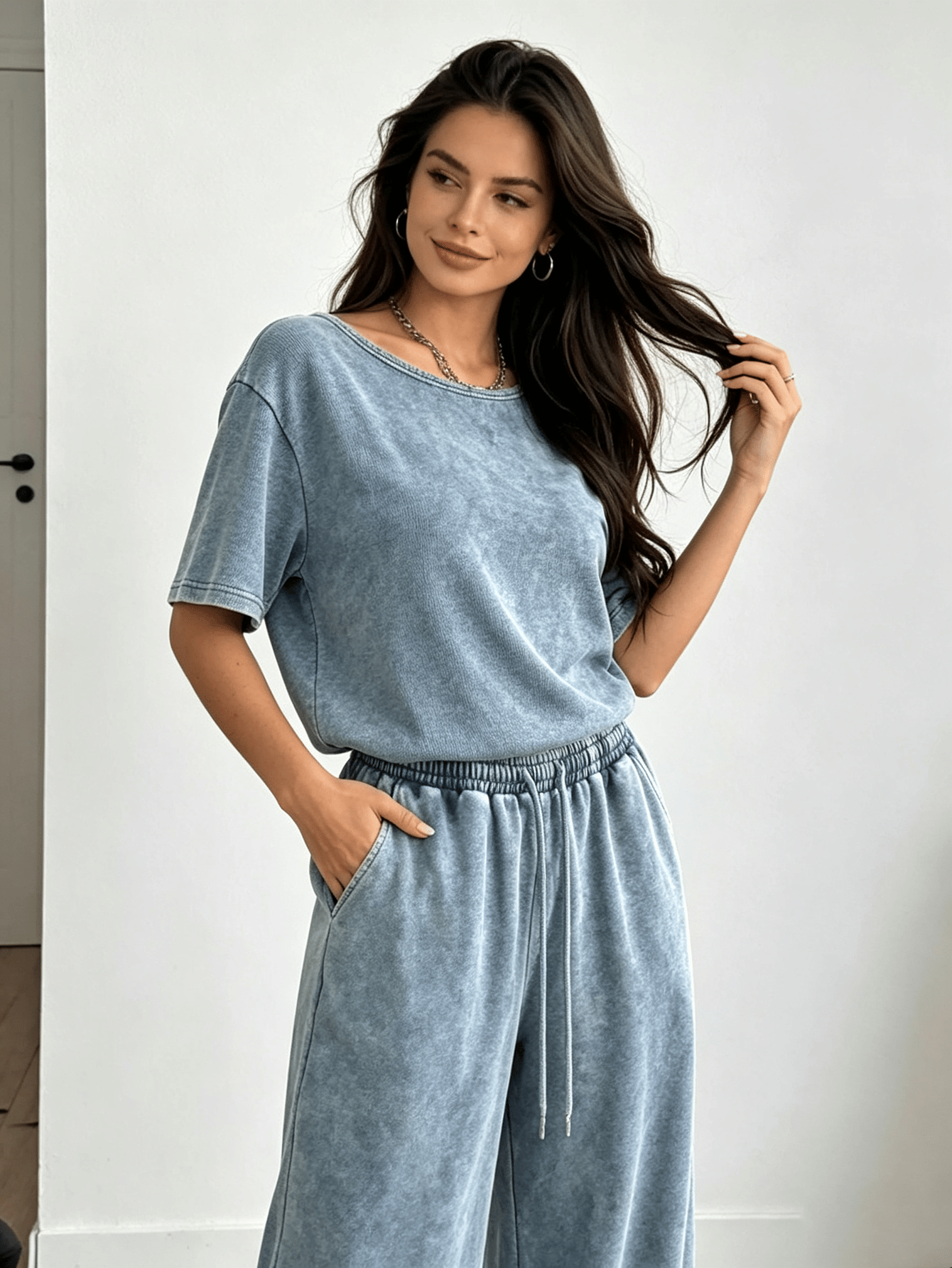 Washed Vintage Slant Neck Short Sleeve Top and Wide Leg Pant Set