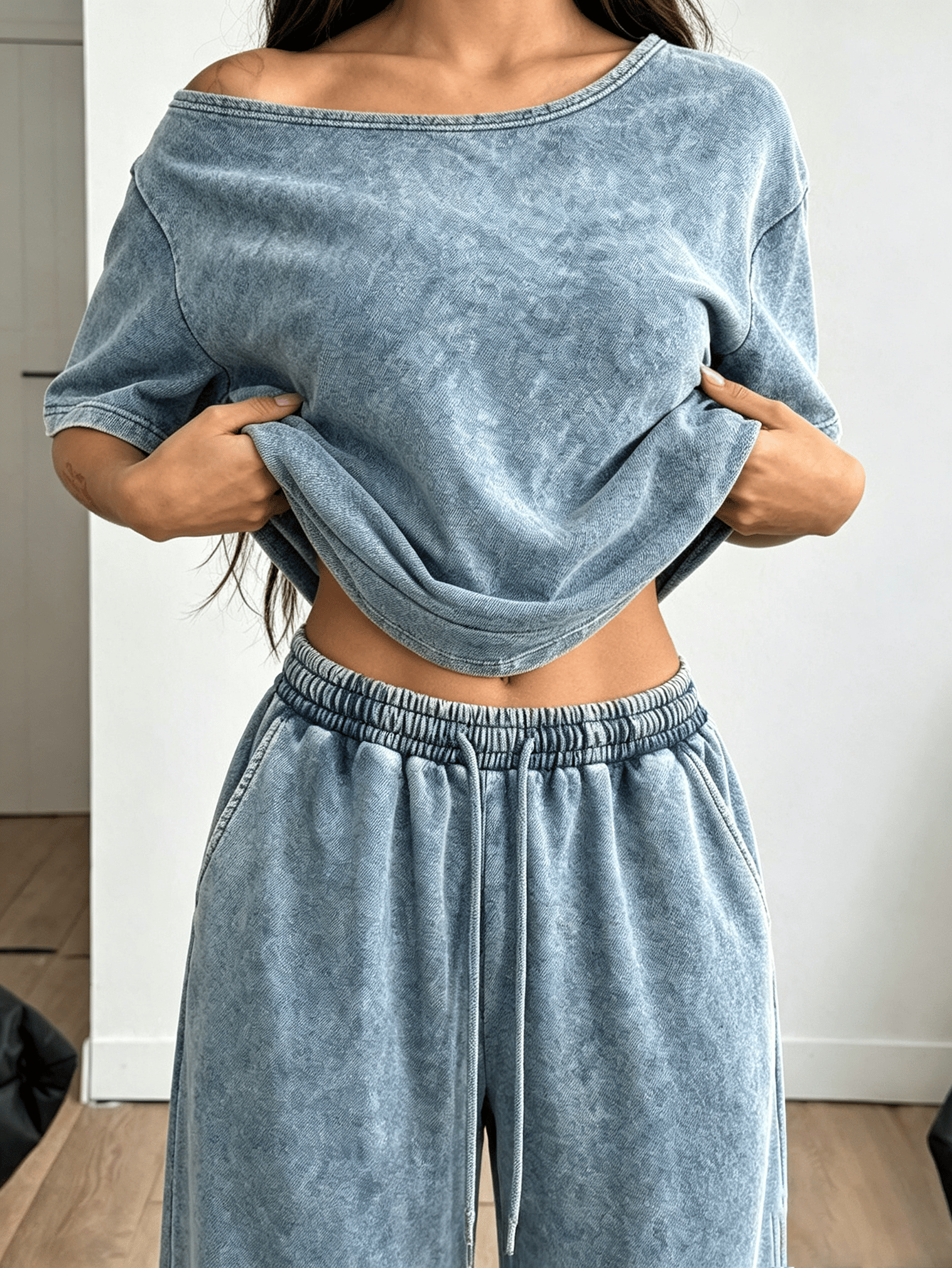 Washed Vintage Slant Neck Short Sleeve Top and Wide Leg Pant Set