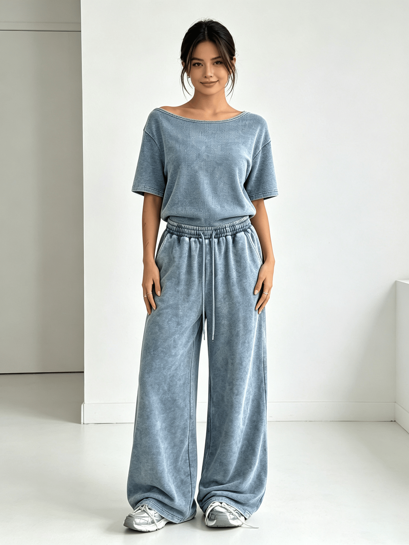 Washed Vintage Slant Neck Short Sleeve Top and Wide Leg Pant Set
