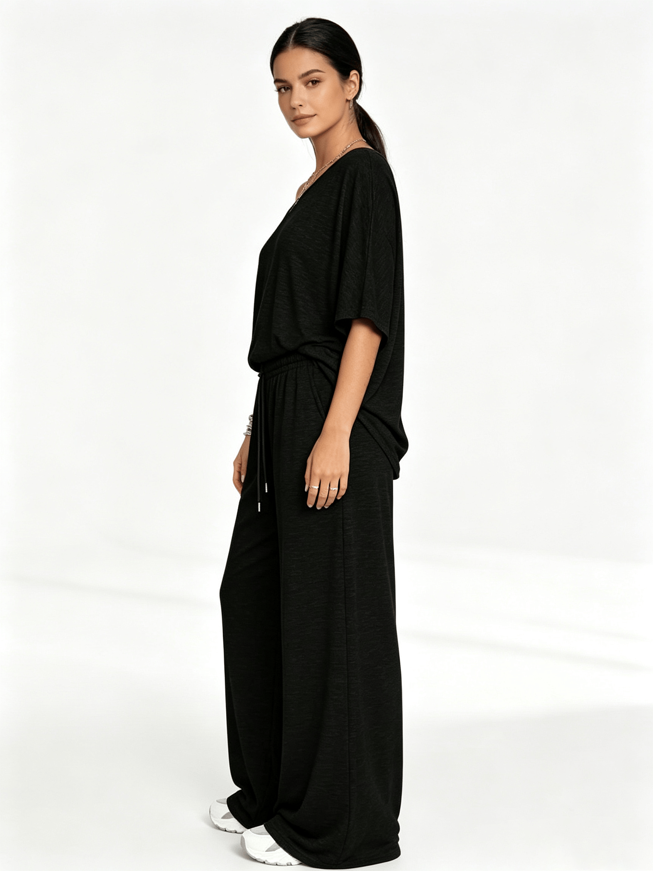 Black Solid Asymmetric Neck Top and Wide-Leg Pants Co-ord Set
