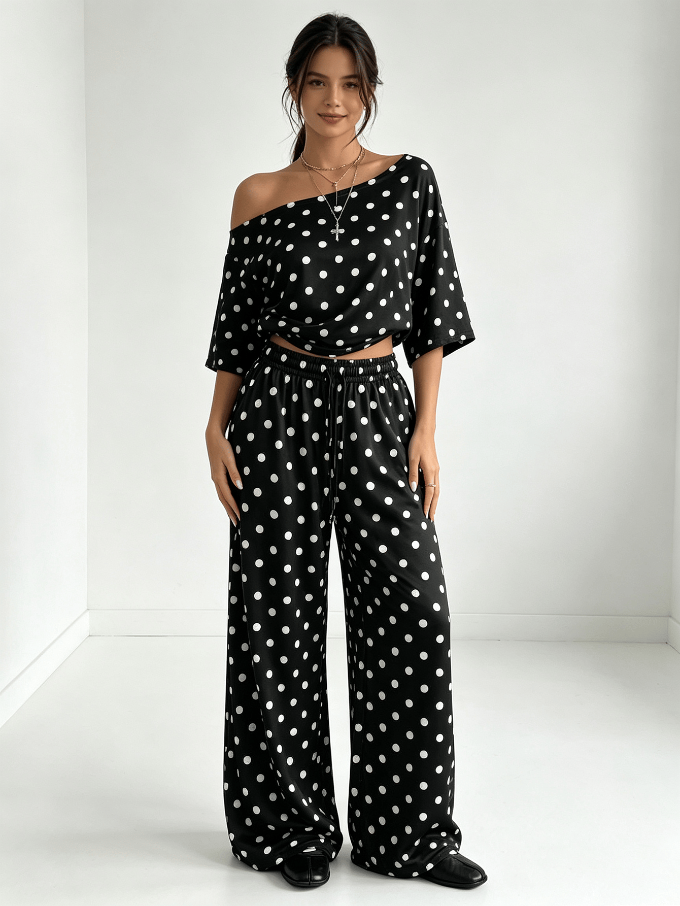 Polka Dot Off-Shoulder Top and Wide-Leg Pants Set