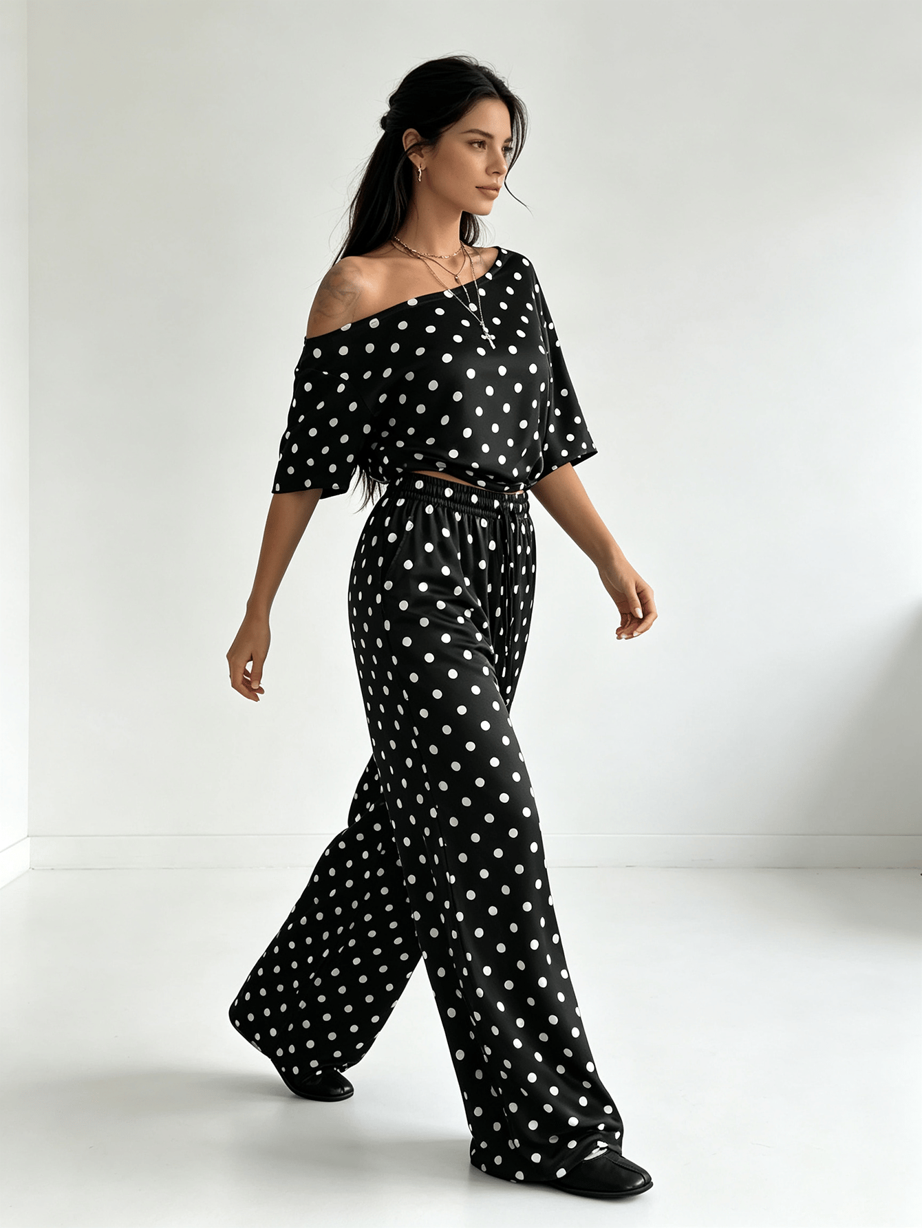 Polka Dot Off-Shoulder Top and Wide-Leg Pants Set