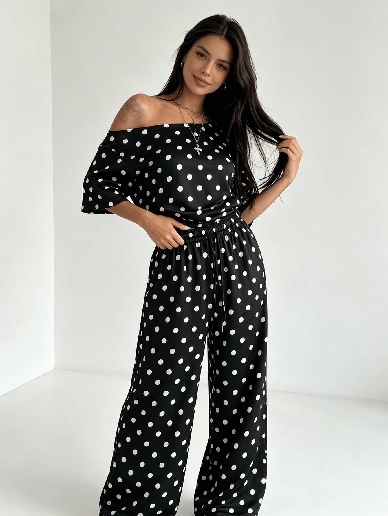 Polka Dot Off-Shoulder Top and Wide-Leg Pants Set