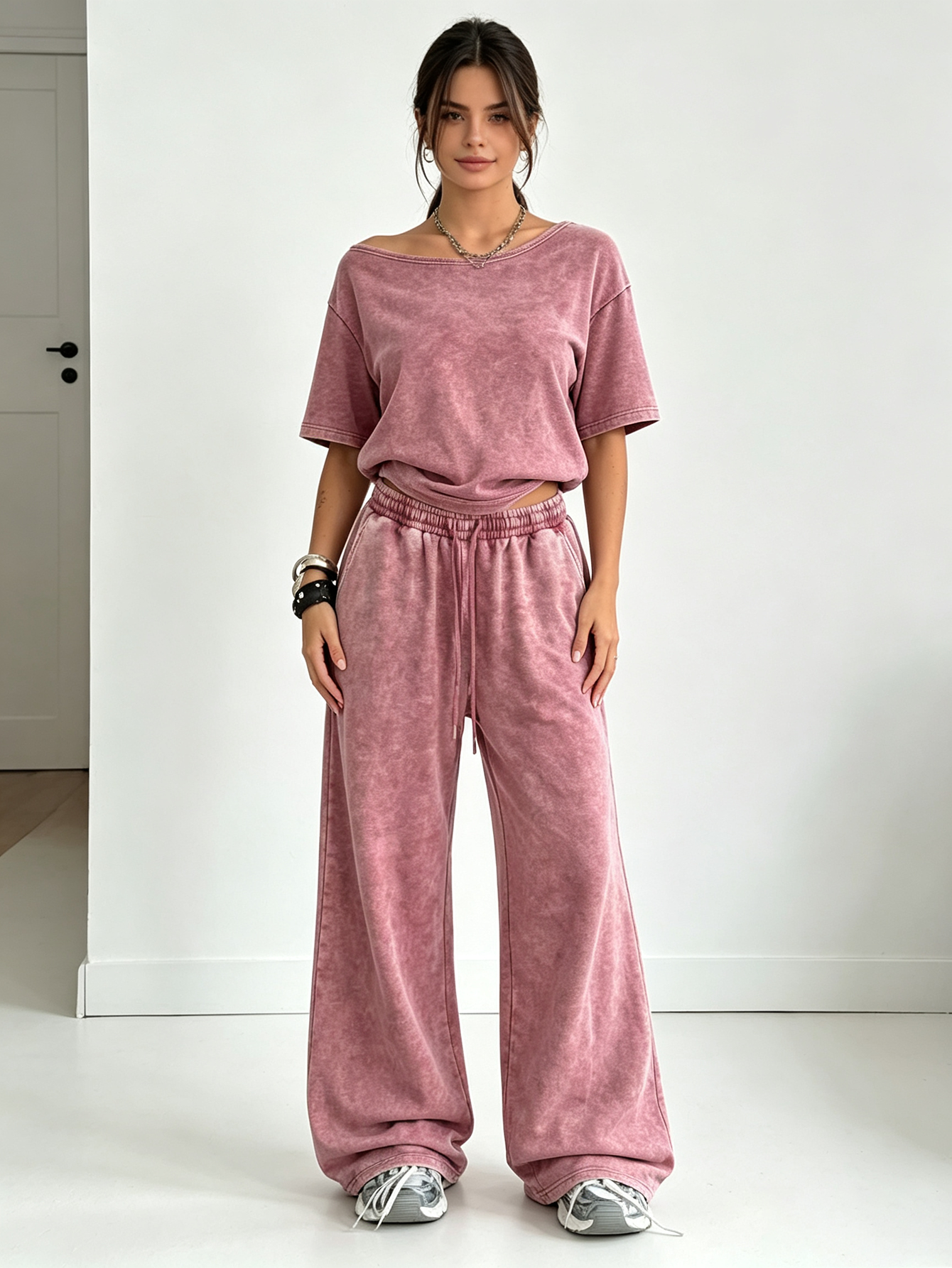 Washed Pink Tone Slant Neck Short Sleeve Top and Wide Leg Pants Set
