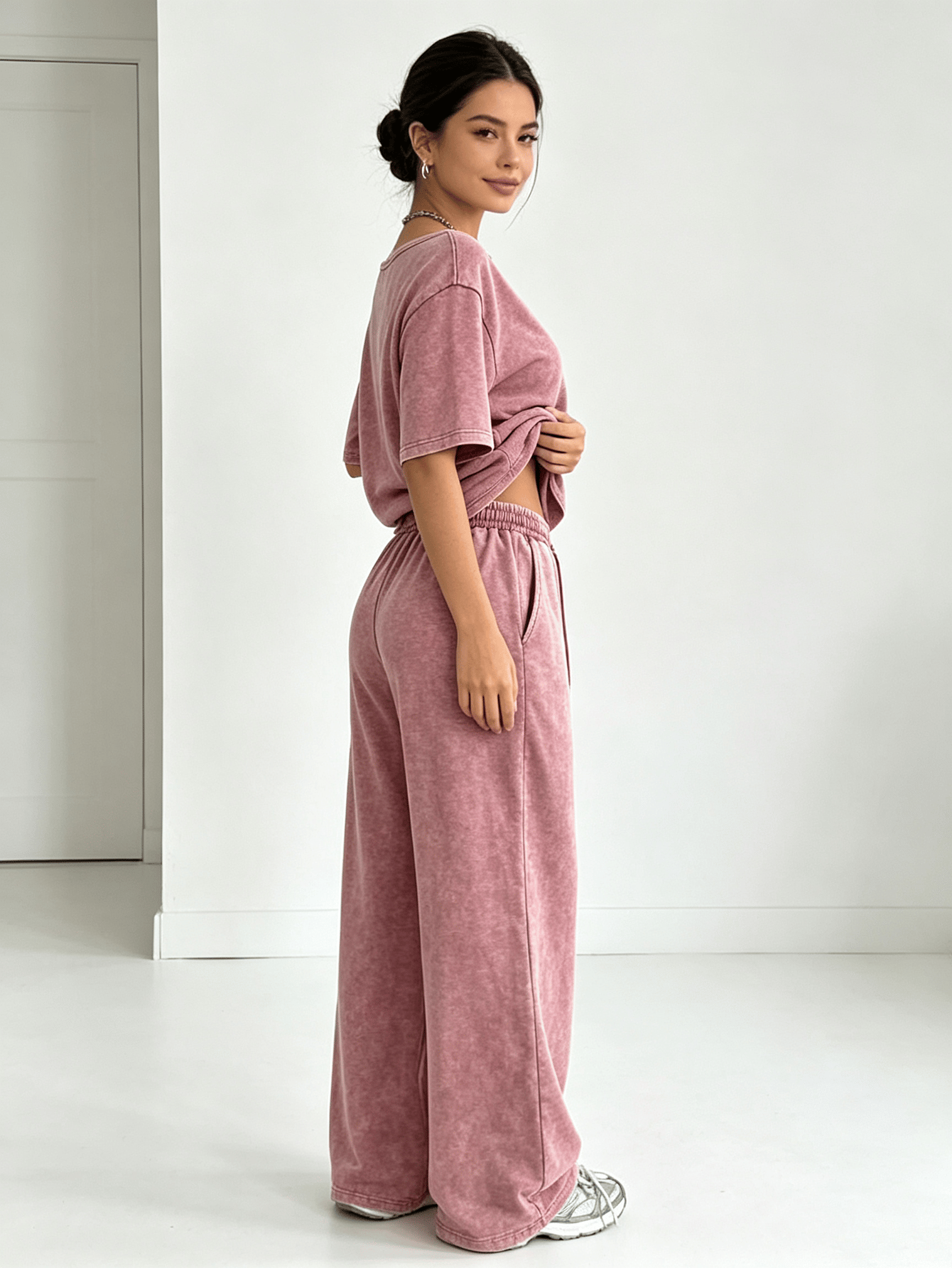 Washed Pink Tone Slant Neck Short Sleeve Top and Wide Leg Pants Set