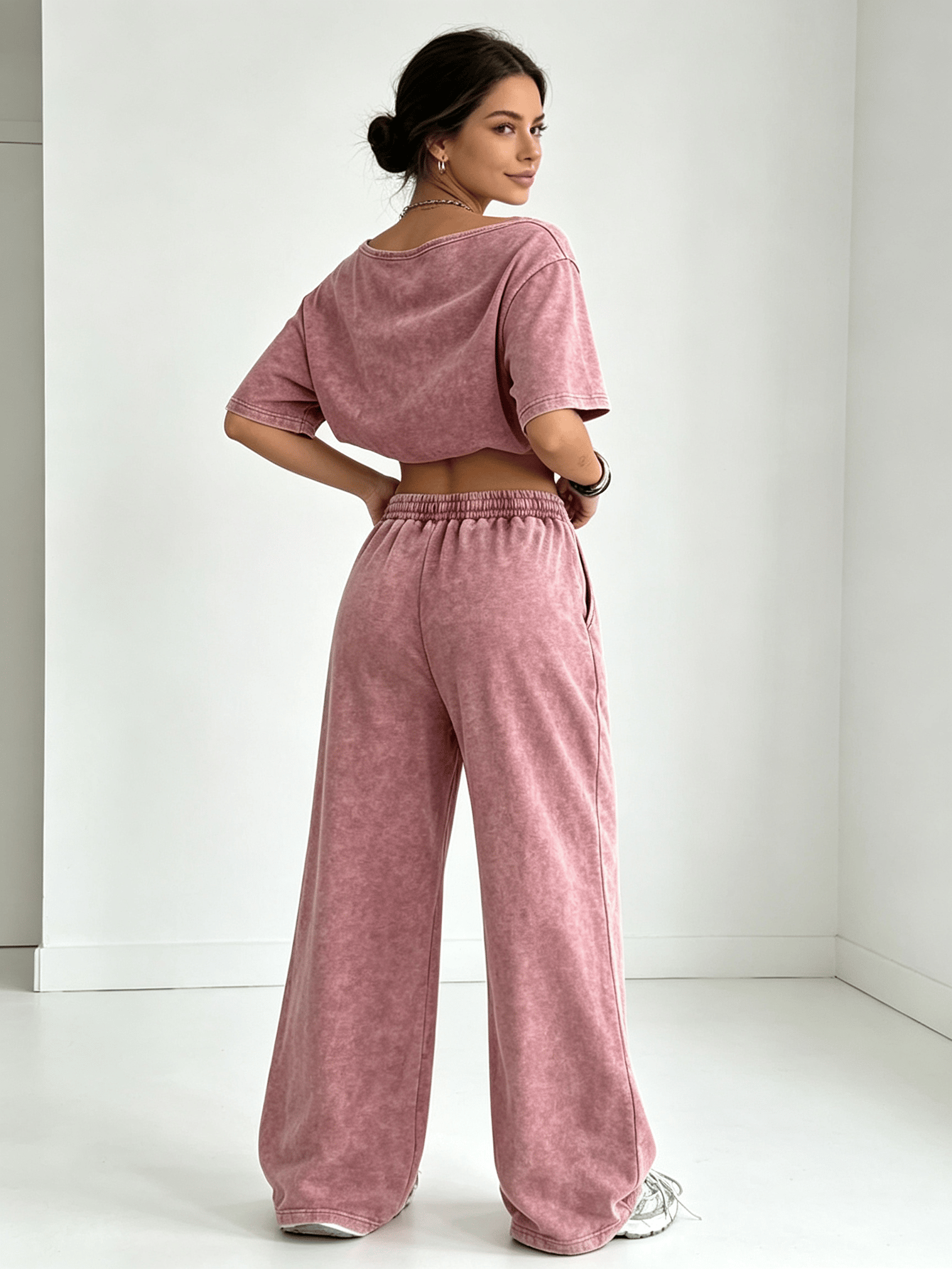 Washed Pink Tone Slant Neck Short Sleeve Top and Wide Leg Pants Set