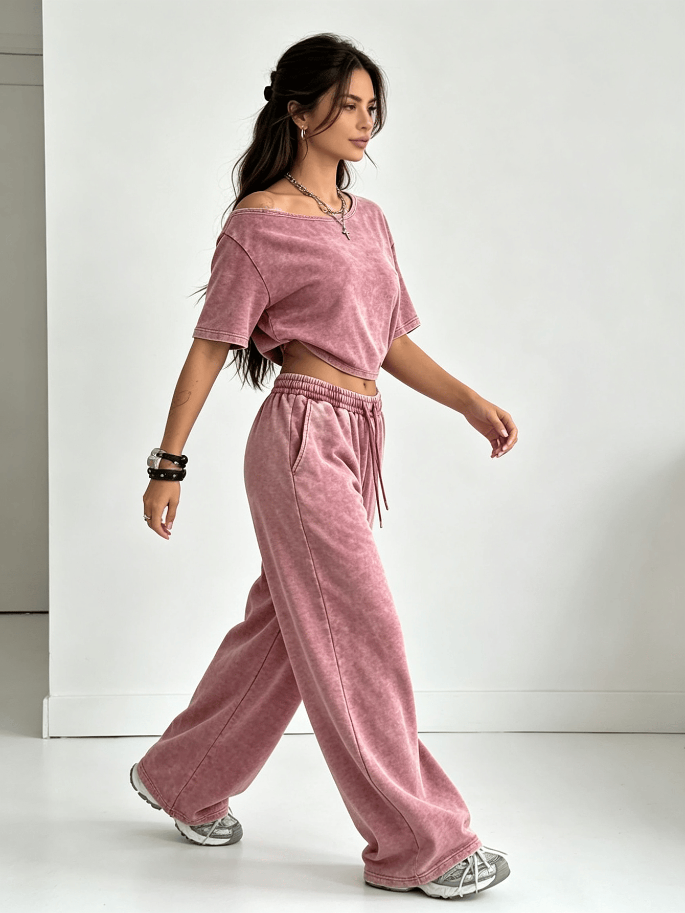Washed Pink Tone Slant Neck Short Sleeve Top and Wide Leg Pants Set