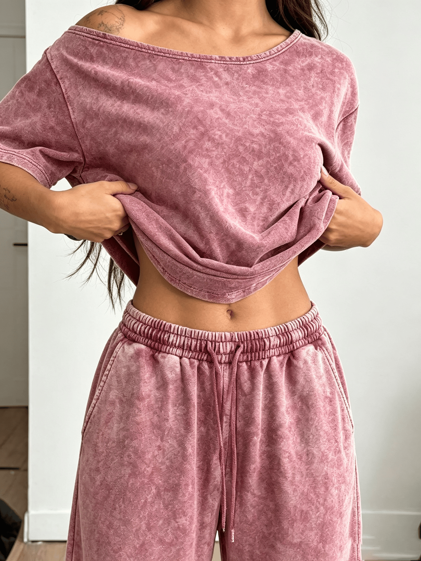 Washed Pink Tone Slant Neck Short Sleeve Top and Wide Leg Pants Set