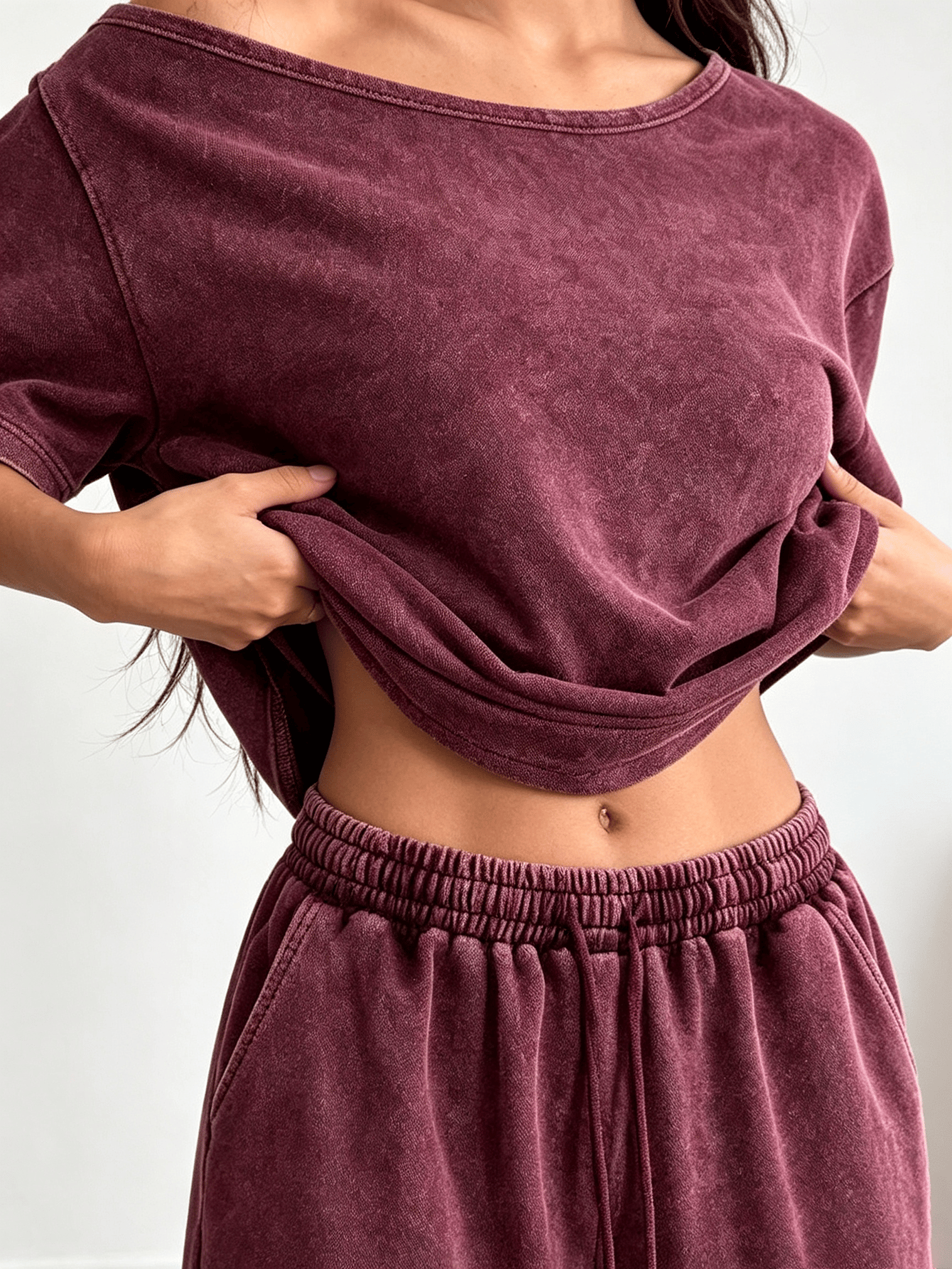 Burgundy Washed Short Sleeve Top and Wide-Leg Pants Set