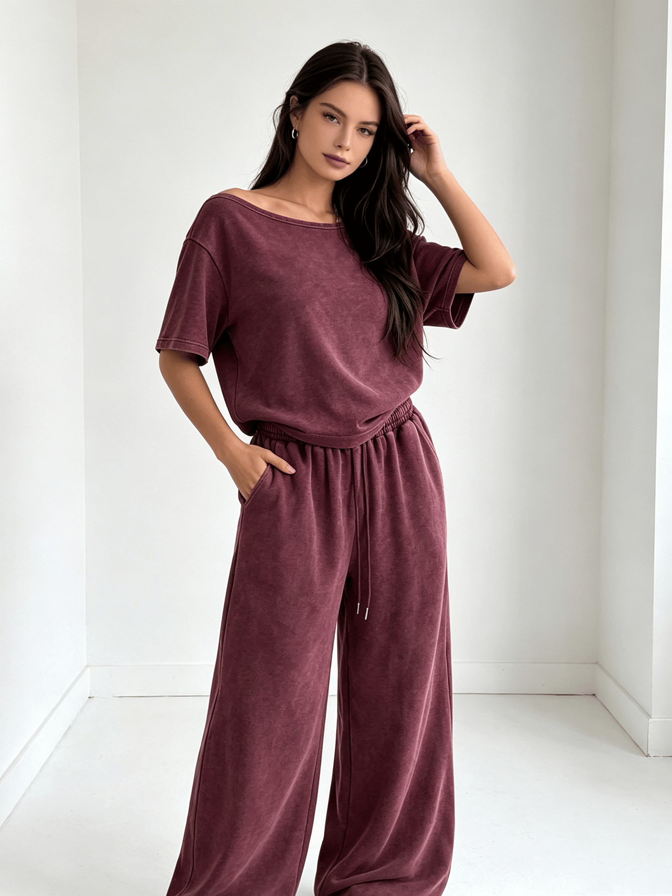 Burgundy Washed Short Sleeve Top and Wide-Leg Pants Set