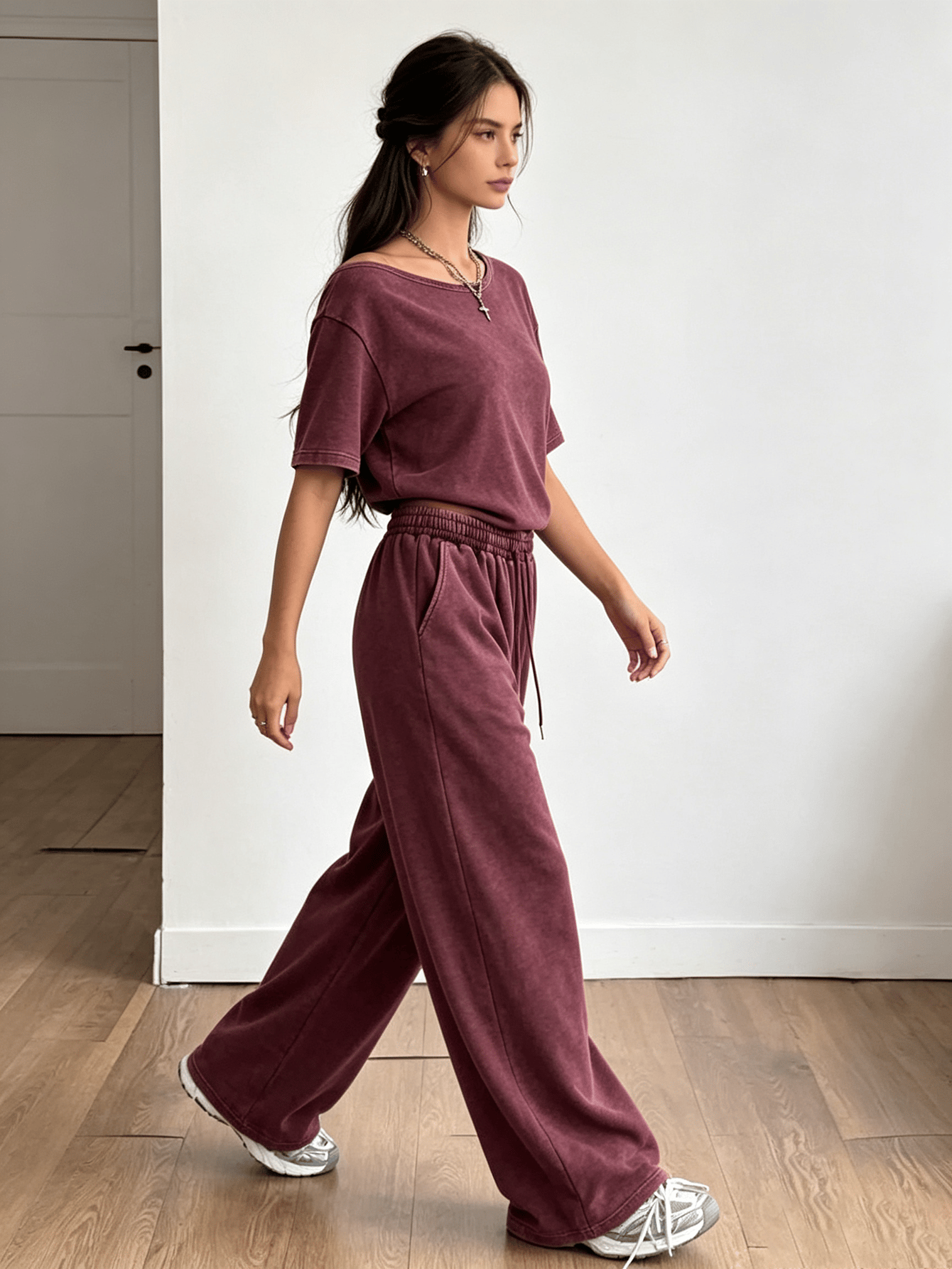 Burgundy Washed Short Sleeve Top and Wide-Leg Pants Set