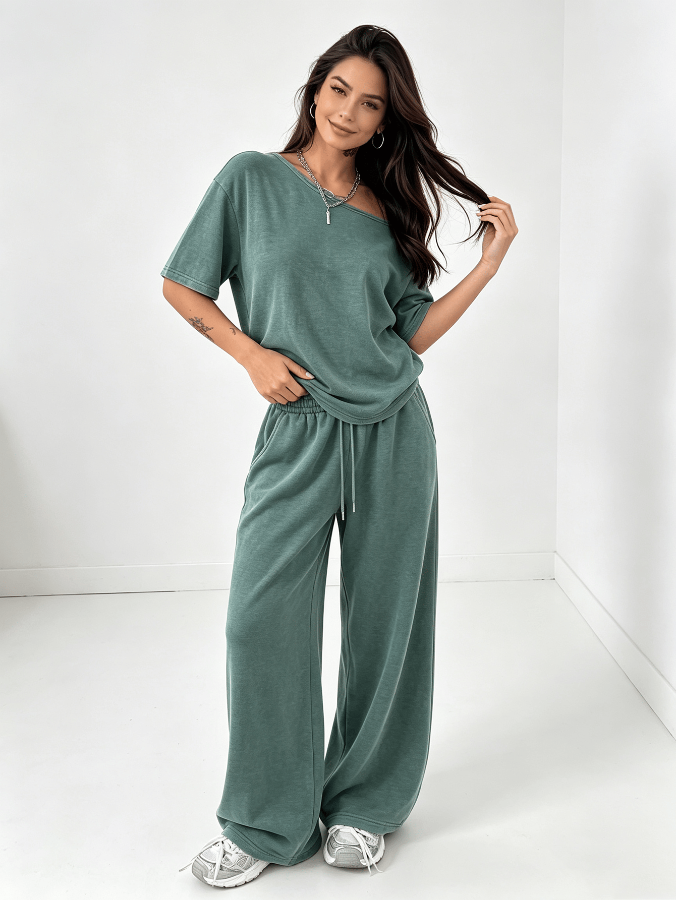Washed Green Oversized Top and Wide Leg Pants Lounge Set