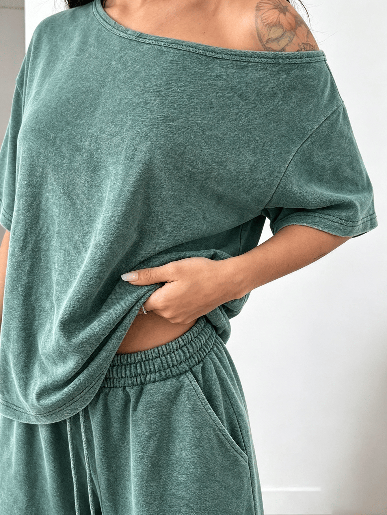 Washed Green Oversized Top and Wide Leg Pants Lounge Set
