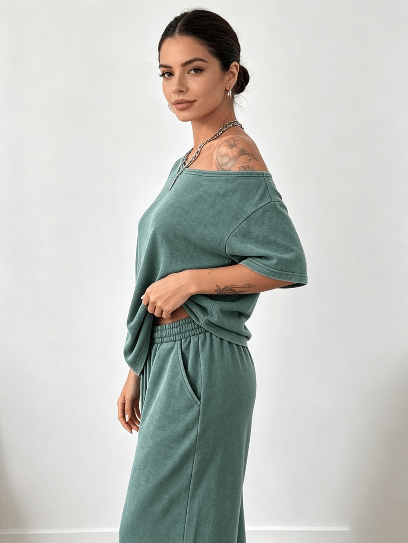 Washed Green Oversized Top and Wide Leg Pants Lounge Set