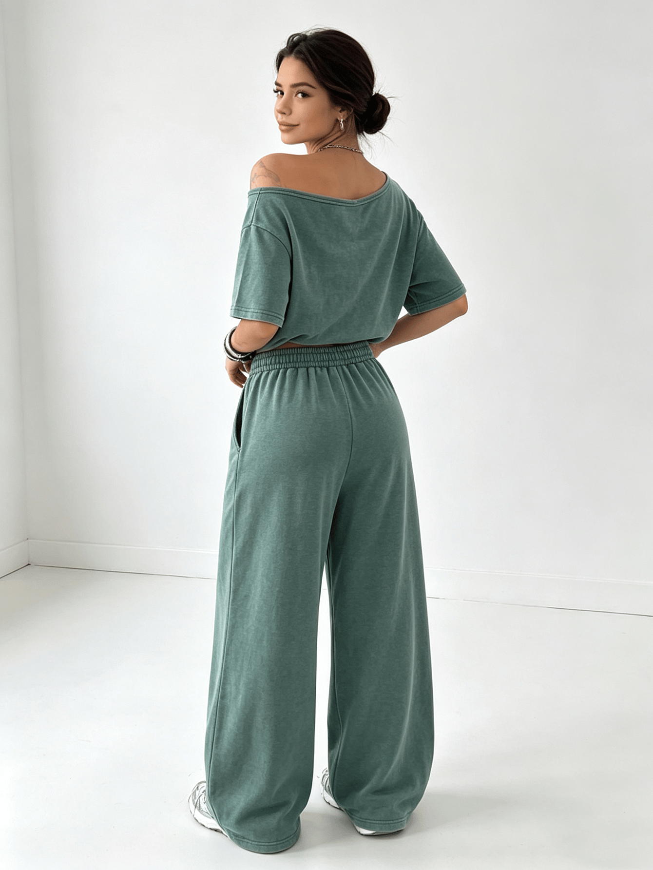 Washed Green Oversized Top and Wide Leg Pants Lounge Set