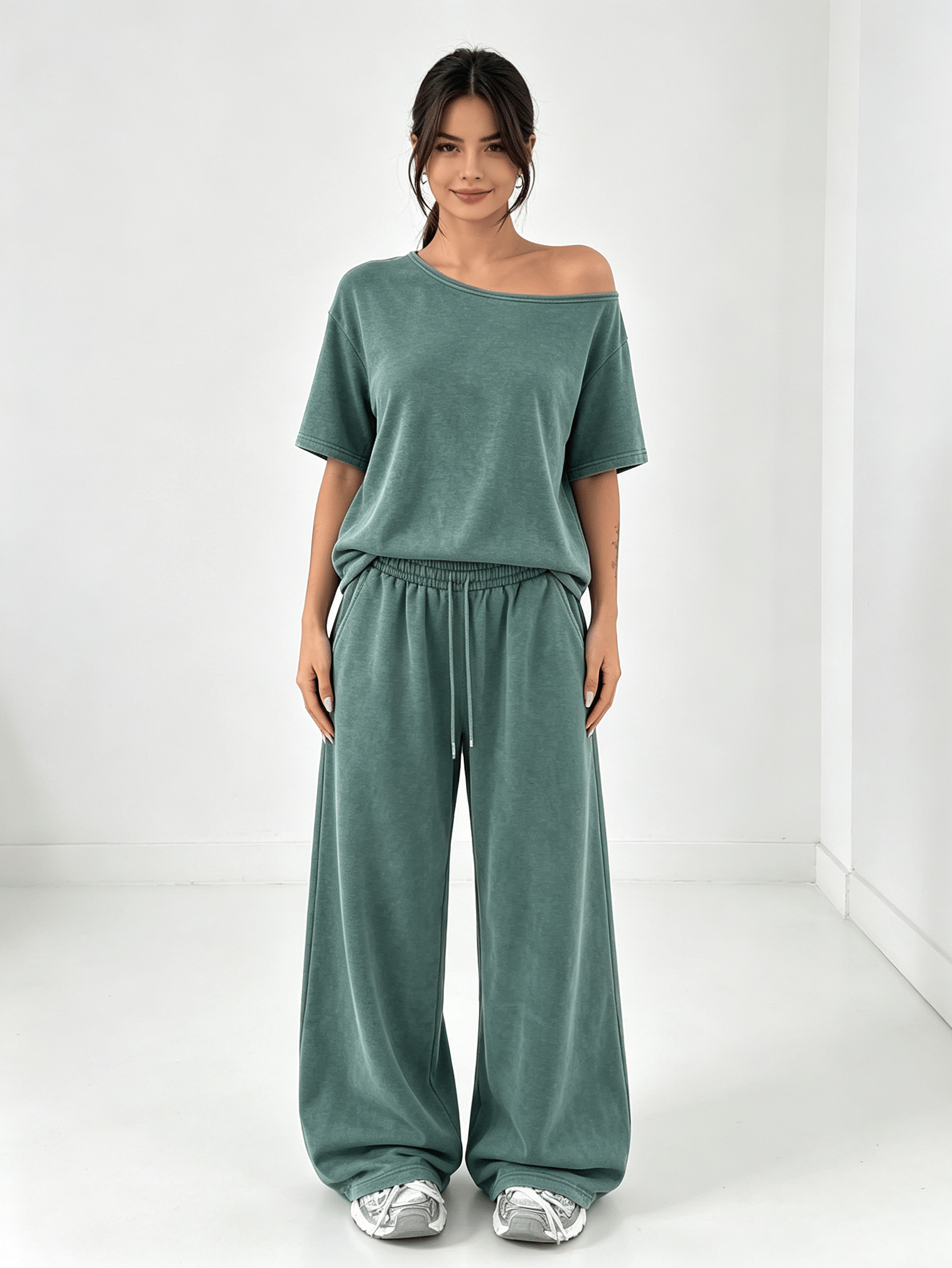 Washed Green Oversized Top and Wide Leg Pants Lounge Set