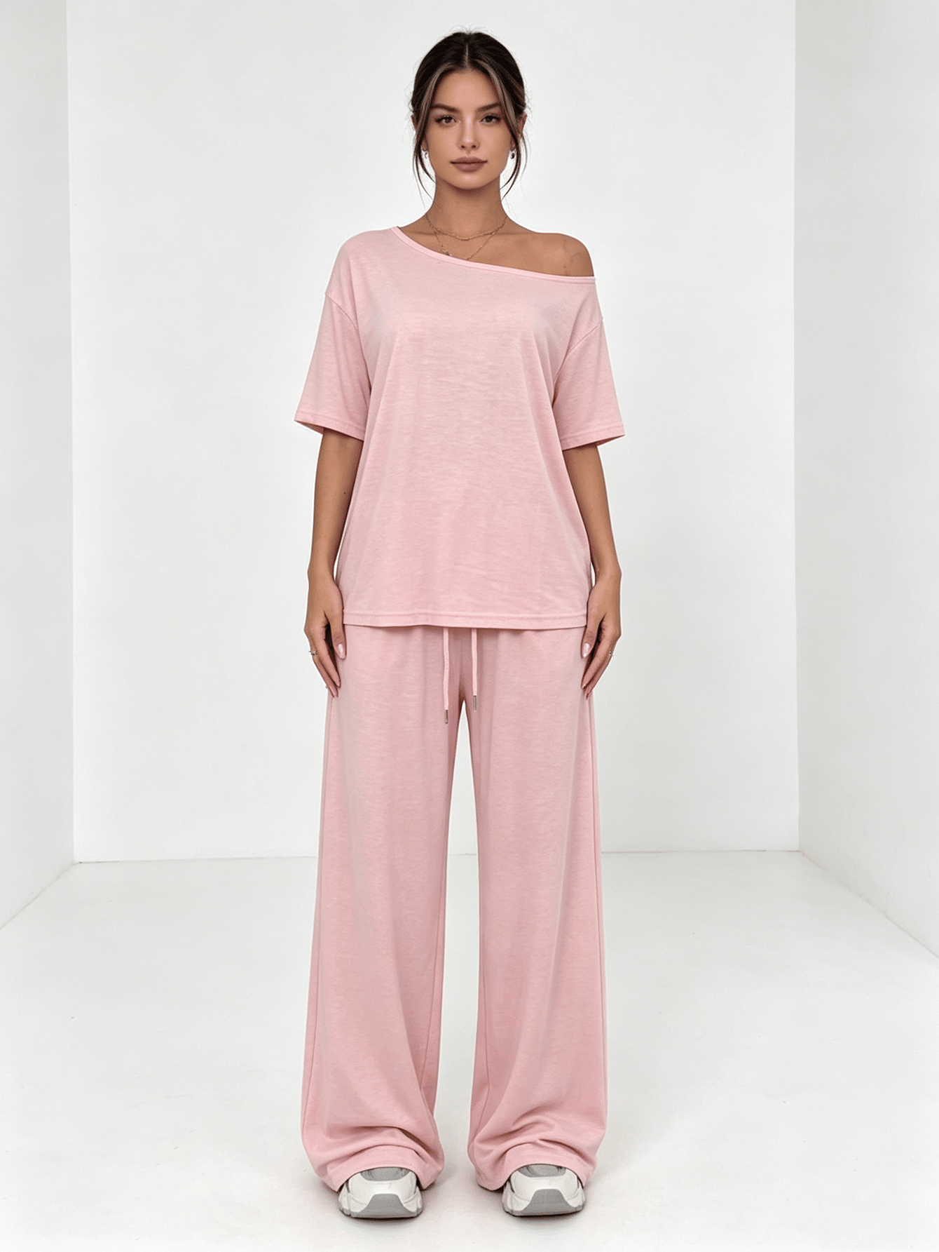 Light Pink Off-Shoulder Top and Wide-Leg Pants Co-ord Set