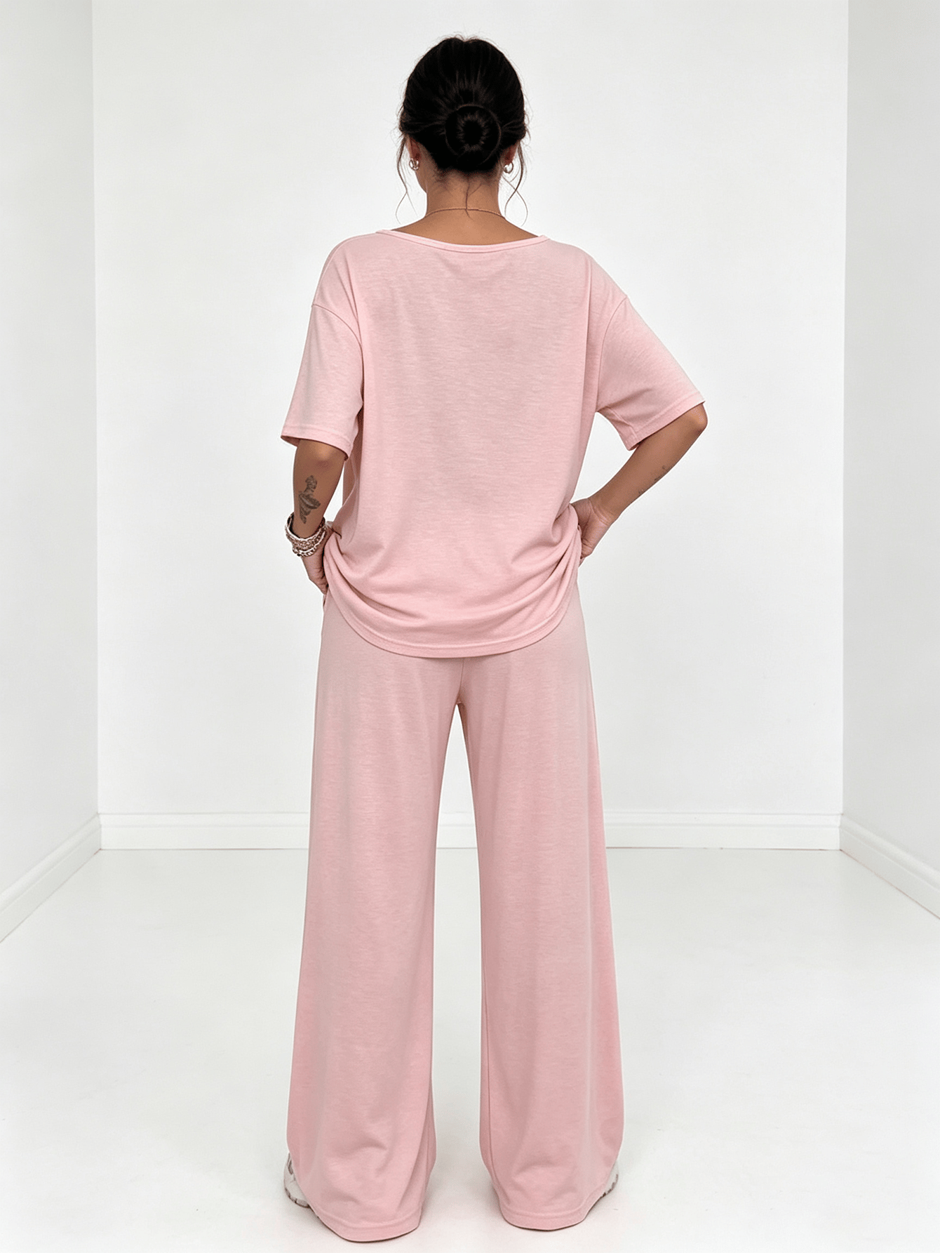 Light Pink Off-Shoulder Top and Wide-Leg Pants Co-ord Set