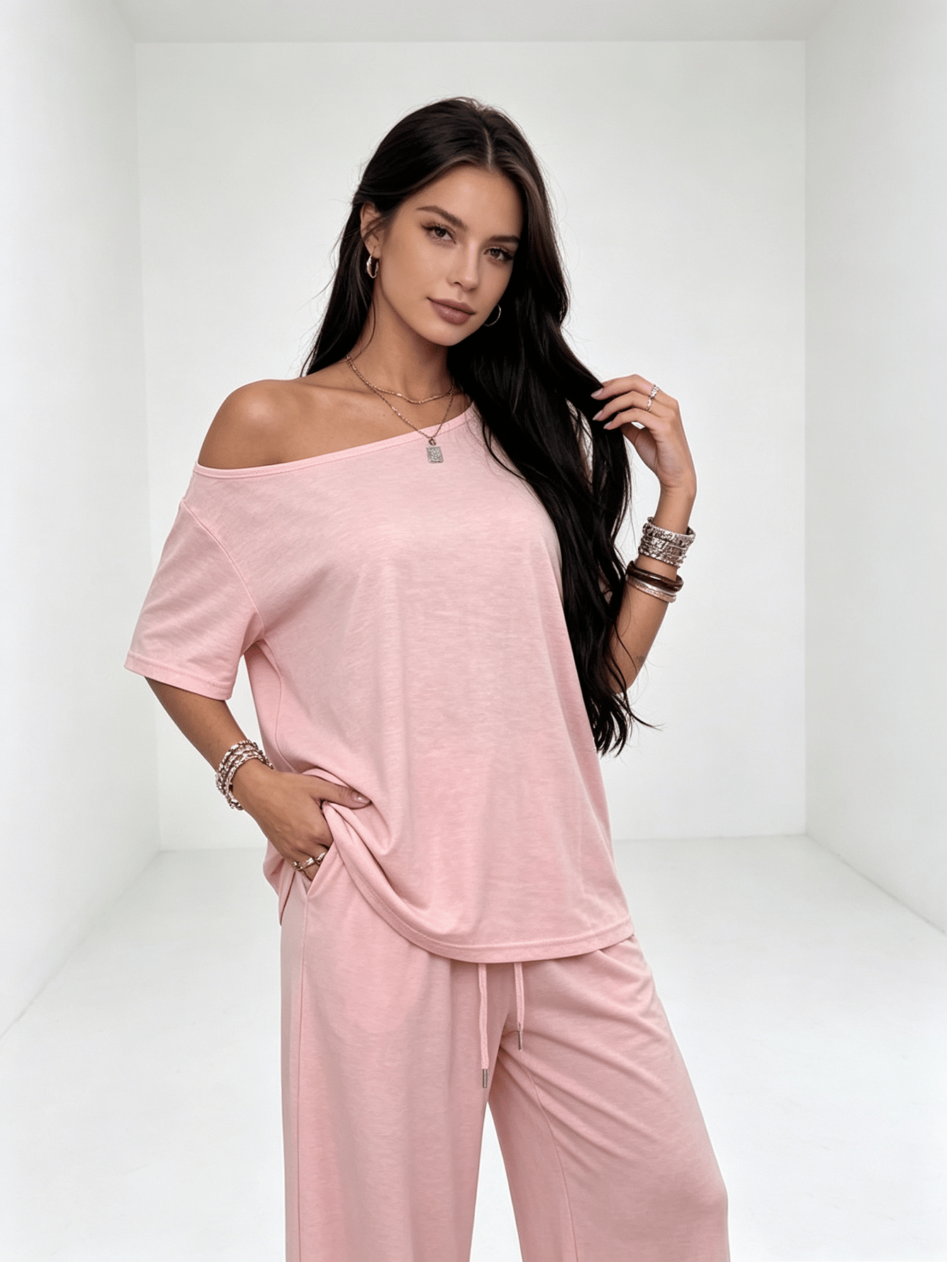 Light Pink Off-Shoulder Top and Wide-Leg Pants Co-ord Set