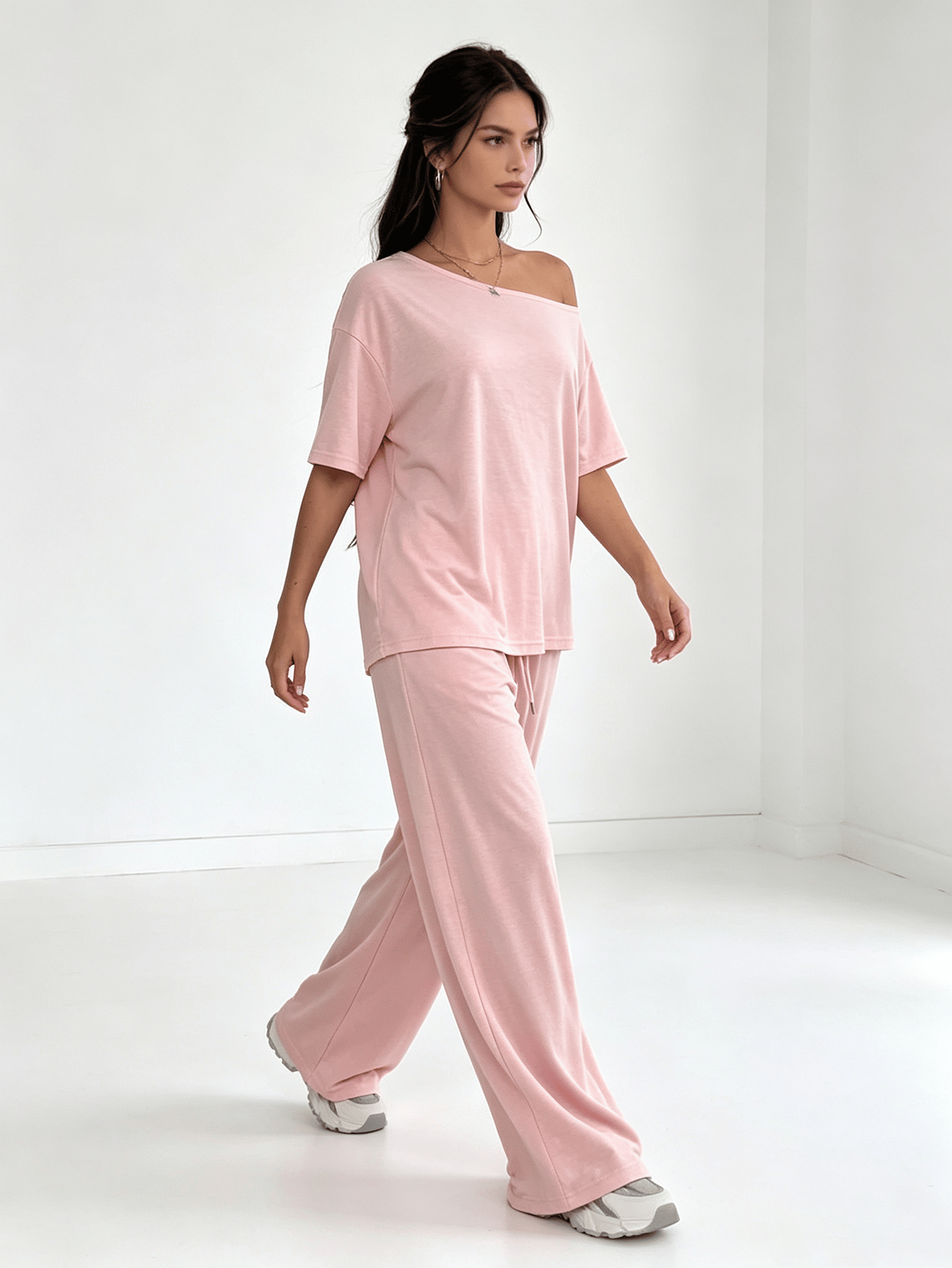 Light Pink Off-Shoulder Top and Wide-Leg Pants Co-ord Set