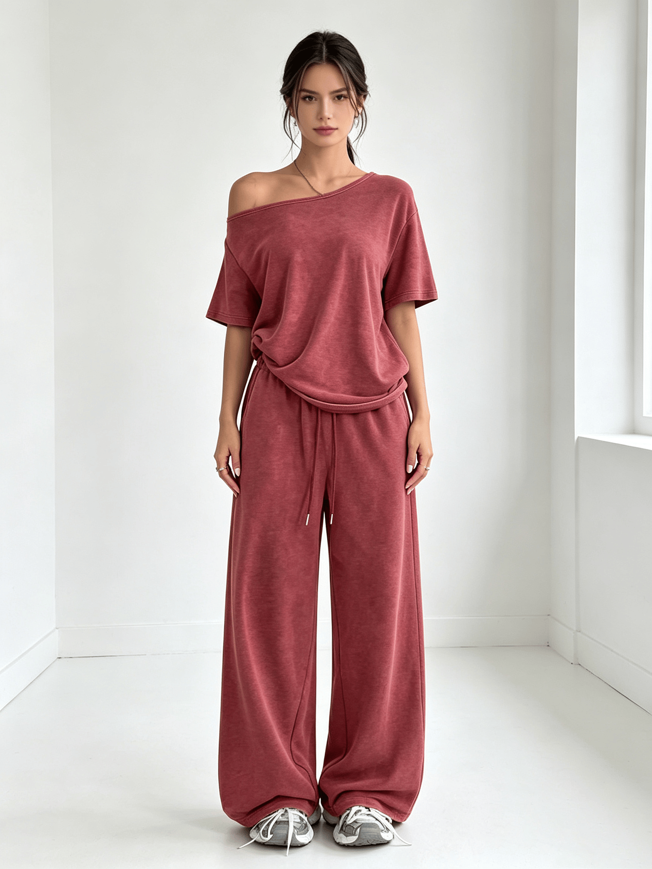 Magenta Washed Off-Shoulder Top and Wide-Leg Pants Set