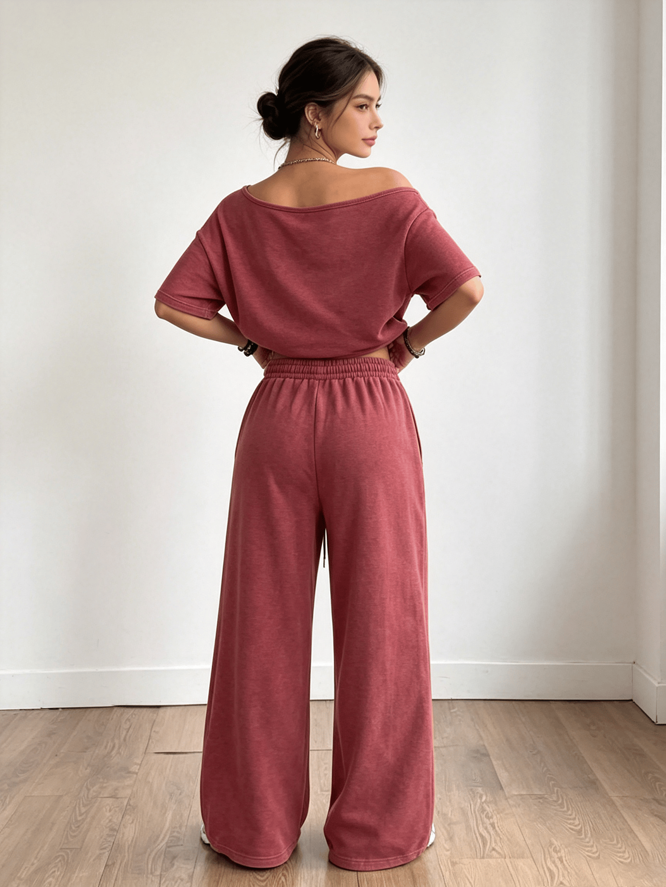Magenta Washed Off-Shoulder Top and Wide-Leg Pants Set