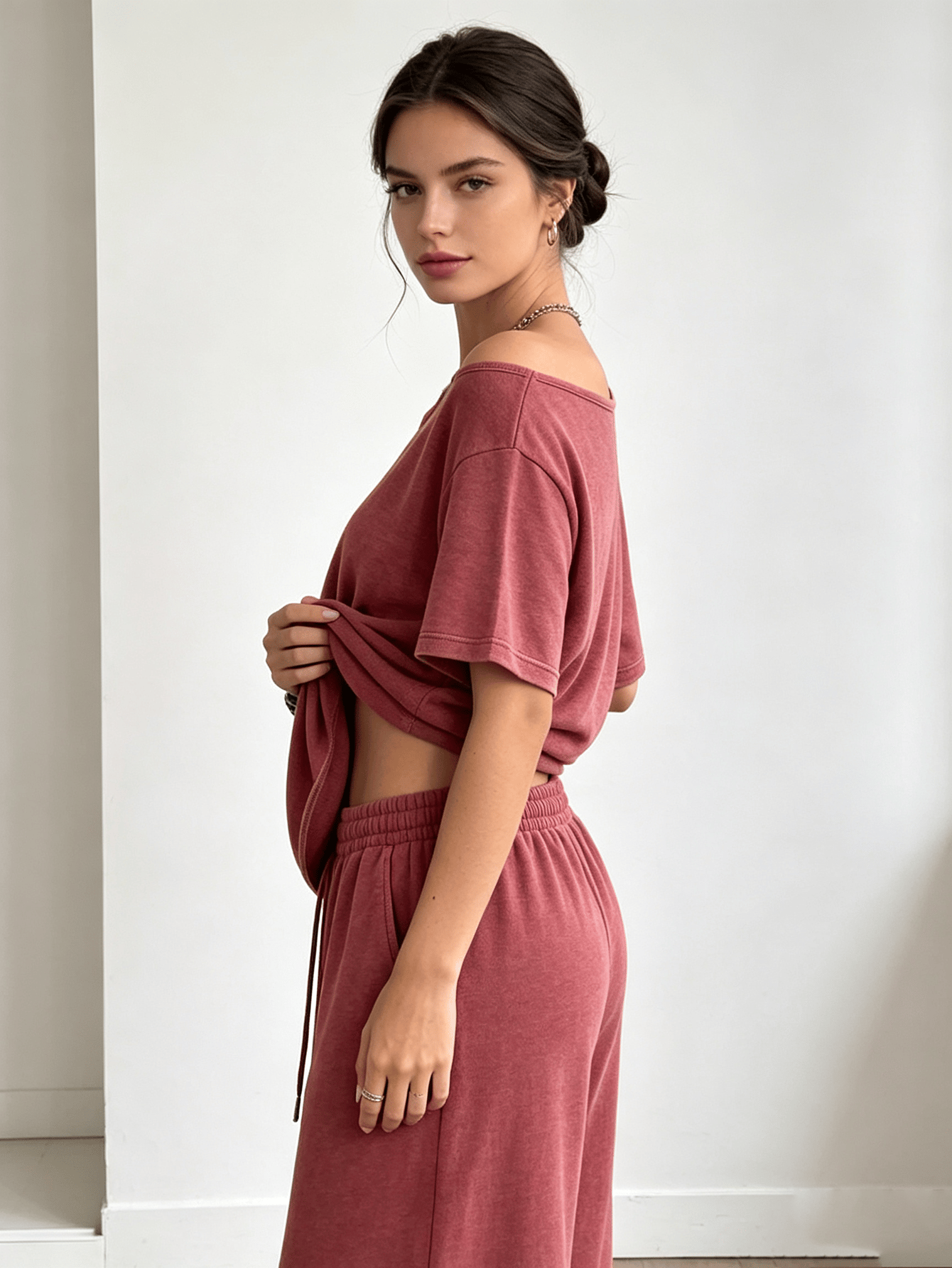 Magenta Washed Off-Shoulder Top and Wide-Leg Pants Set