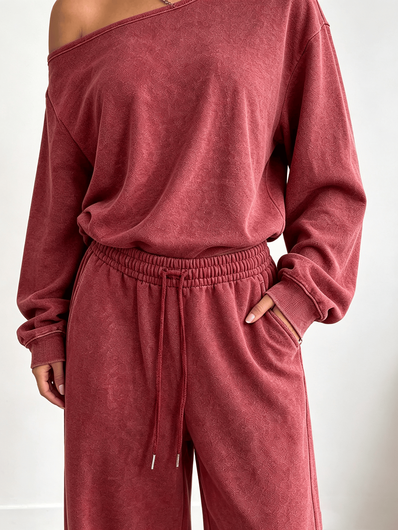 Magenta Washed Off-Shoulder Top and Wide-Leg Pants Set