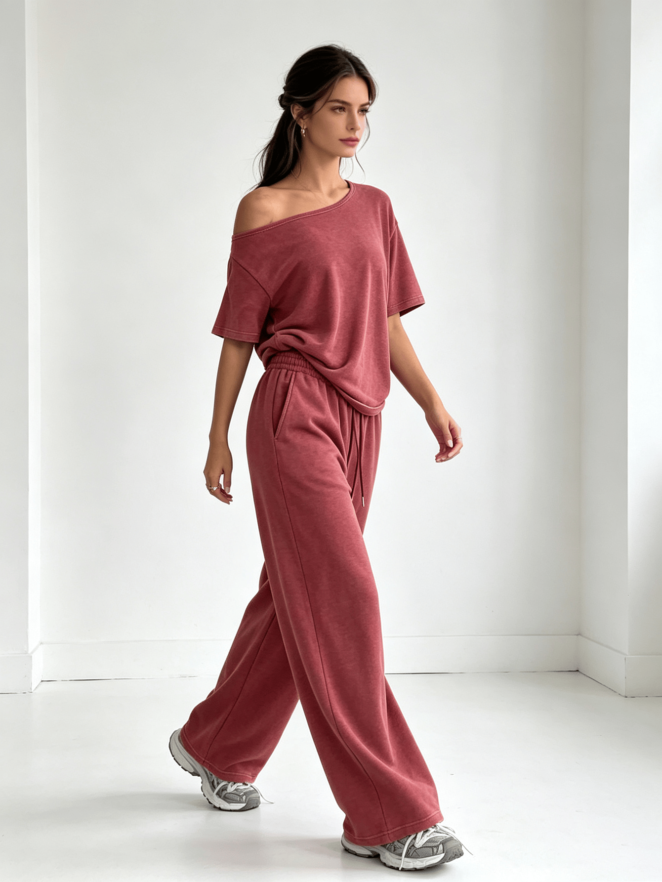 Magenta Washed Off-Shoulder Top and Wide-Leg Pants Set