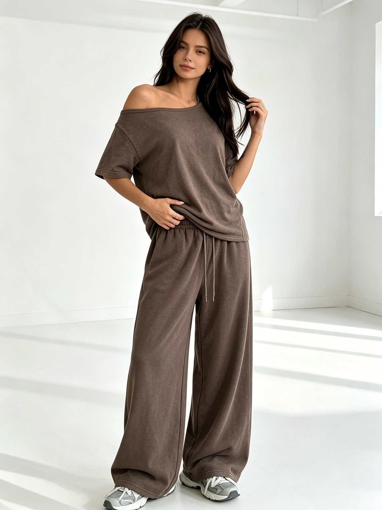 Brown Off-Shoulder Top and Wide Leg Pants Loungewear Set