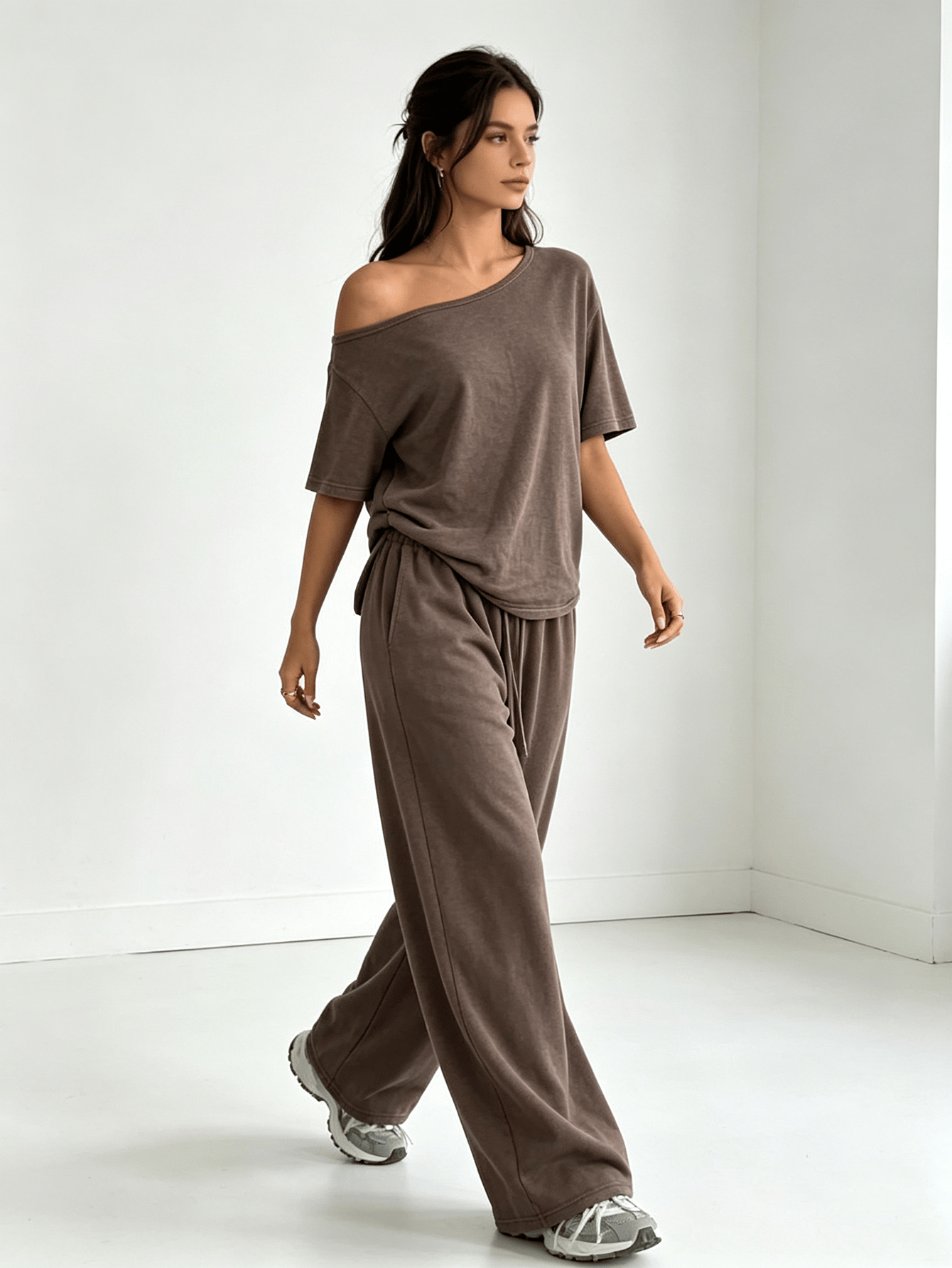 Brown Off-Shoulder Top and Wide Leg Pants Loungewear Set