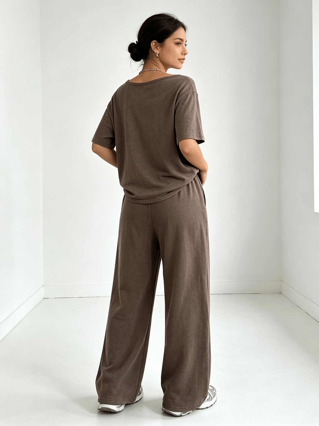 Brown Off-Shoulder Top and Wide Leg Pants Loungewear Set