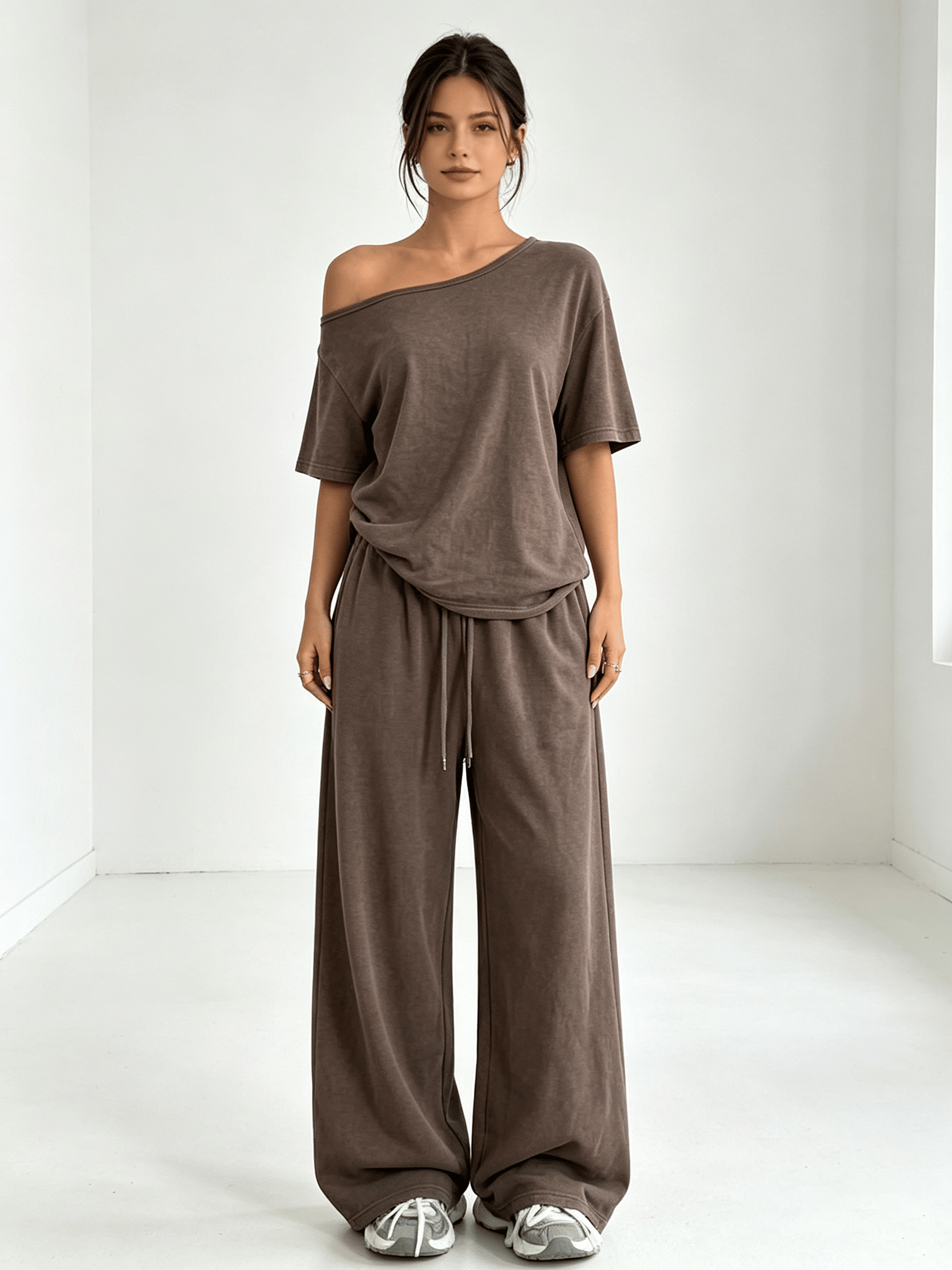 Brown Off-Shoulder Top and Wide Leg Pants Loungewear Set