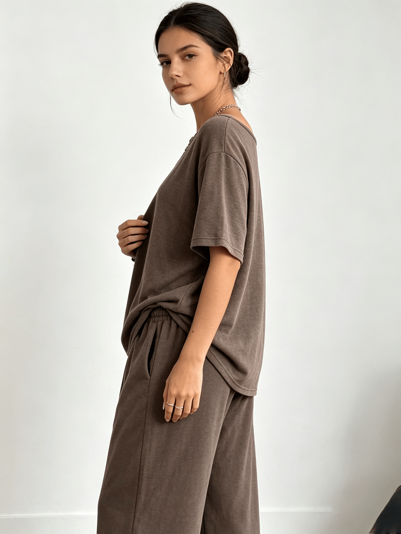 Brown Off-Shoulder Top and Wide Leg Pants Loungewear Set