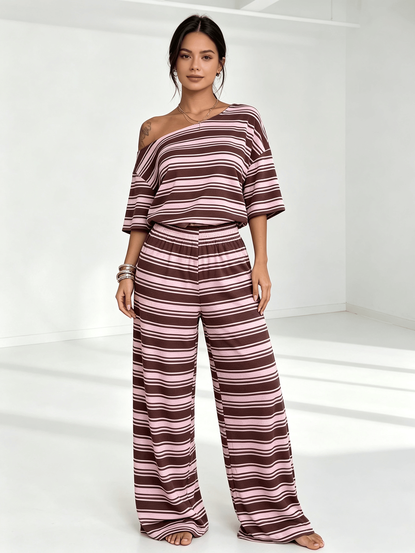 Striped Off-Shoulder Top and Wide-Leg Pants Co-ord Set