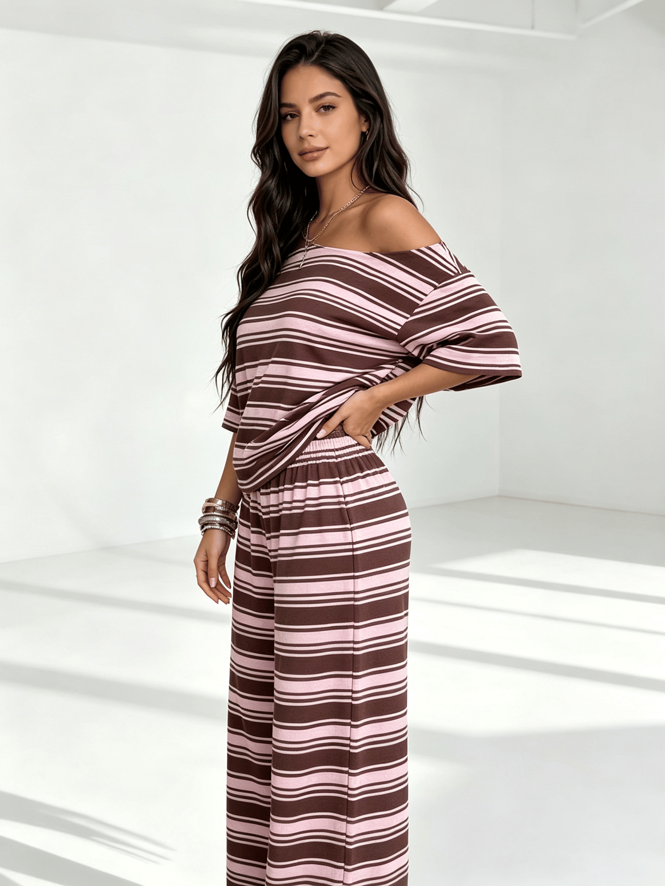 Striped Off-Shoulder Top and Wide-Leg Pants Co-ord Set