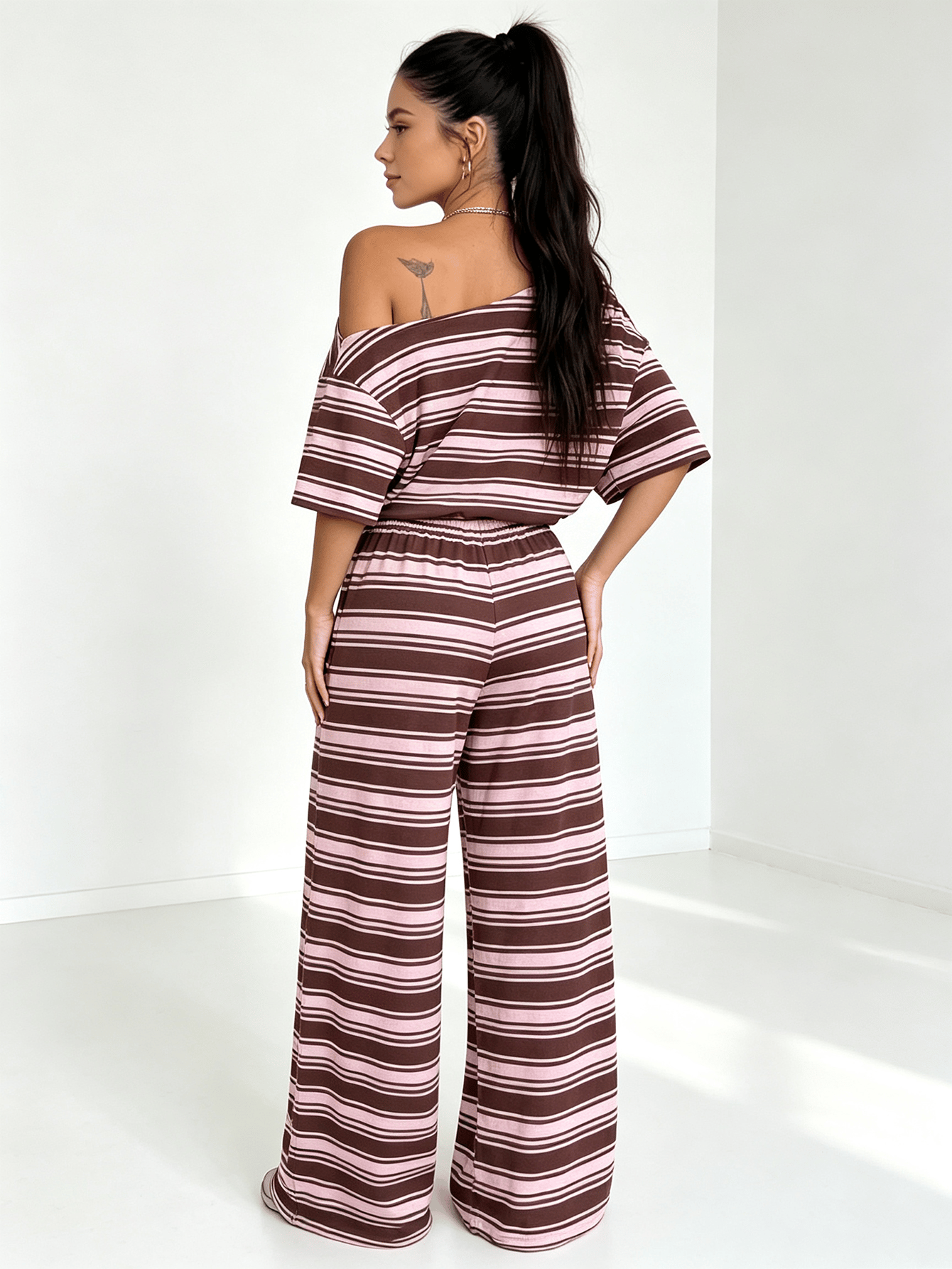Striped Off-Shoulder Top and Wide-Leg Pants Co-ord Set